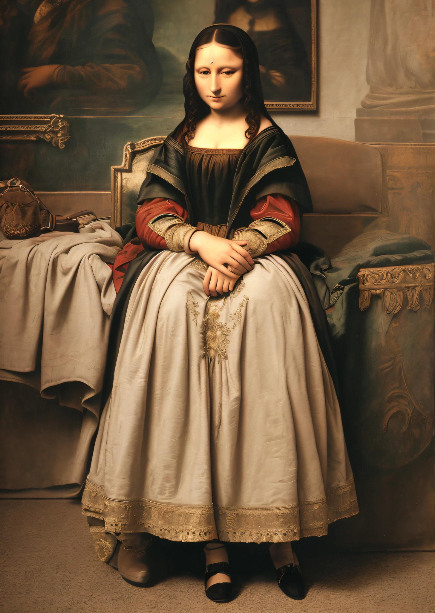 Mona Lisa, beggar's costume, full body portrait, shoes, highly detailed CG unit 8k wallpaper, award winning photo, bokeh, depth of field, HDR, flood, chromatic aberration, realistic, very detailed, complex, high detail, dramatic, midway art, volumetric lighting