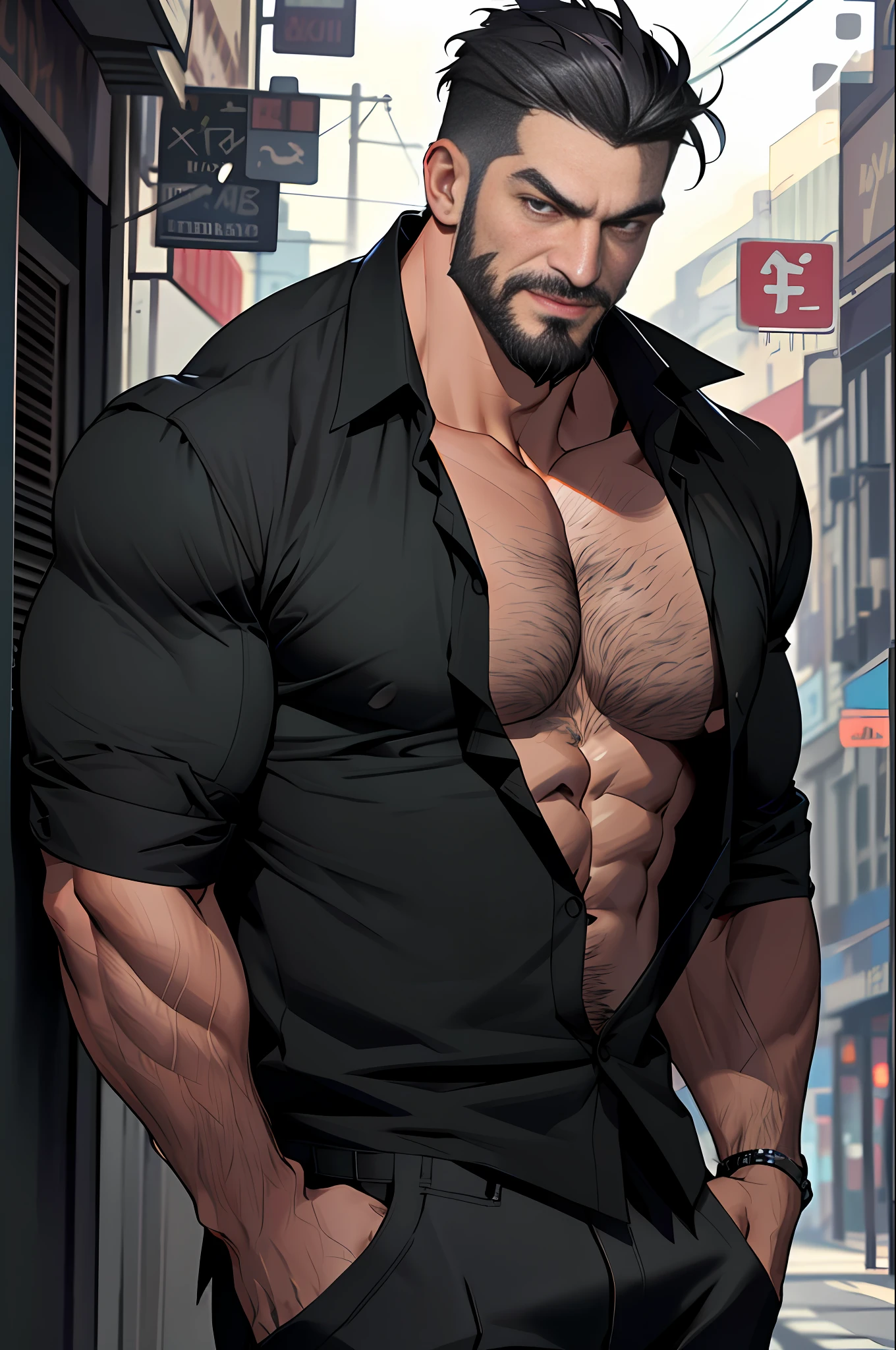 Mature man, wearing black shirt (open shirt) best quality, wearing nipple studs, masterpiece, super high resolution, detailed background, realistic, illustration, single, 1 boy, muscle man, beard, street, muscle, facial hair, volumetric lighting, depth of field, gasping for air, raised crotch