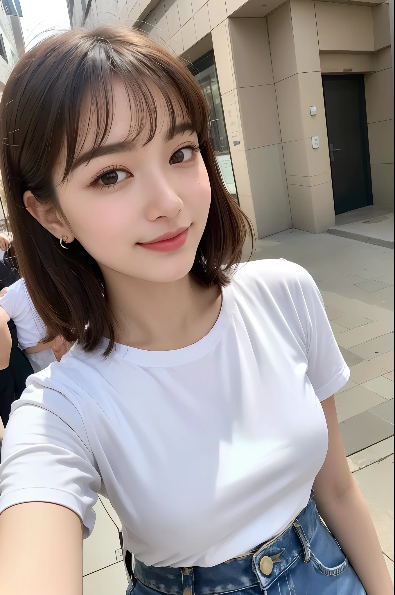 (8k, RAW photos, top quality, masterpiece: 1.2), ultra detailed, super resolution, (real, real photos: 1.37), portraits, high definition RAW color photos, professional photos, very detailed and beautiful, highly detailed, 8k wallpapers, amazing details, huge file size, official art, highly detailed CG Unity 8k wallpapers, highly detailed beautiful girls, highly detailed facesHighly detailed eyes, highly detailed skin, highly detailed fingers, highly detailed nose, highly detailed mouth, perfect anatomy, highly detailed background, highly detailed clothing, one girl, (18:1.2), , cute girl, famous Japan idol, cute, realistic body, petite, white skin, radiant skin, slim body, handsome body, brown hair, short curly hair, (blunt bangs: 1.2) , smile, cute, youthful, pretty face, realistic face, delicate eyes, sagging eyes, white shirt, skirt, earrings, camera gaze, cowboy shot, front-facing, standing, contrappost, high street, dynamic lighting,