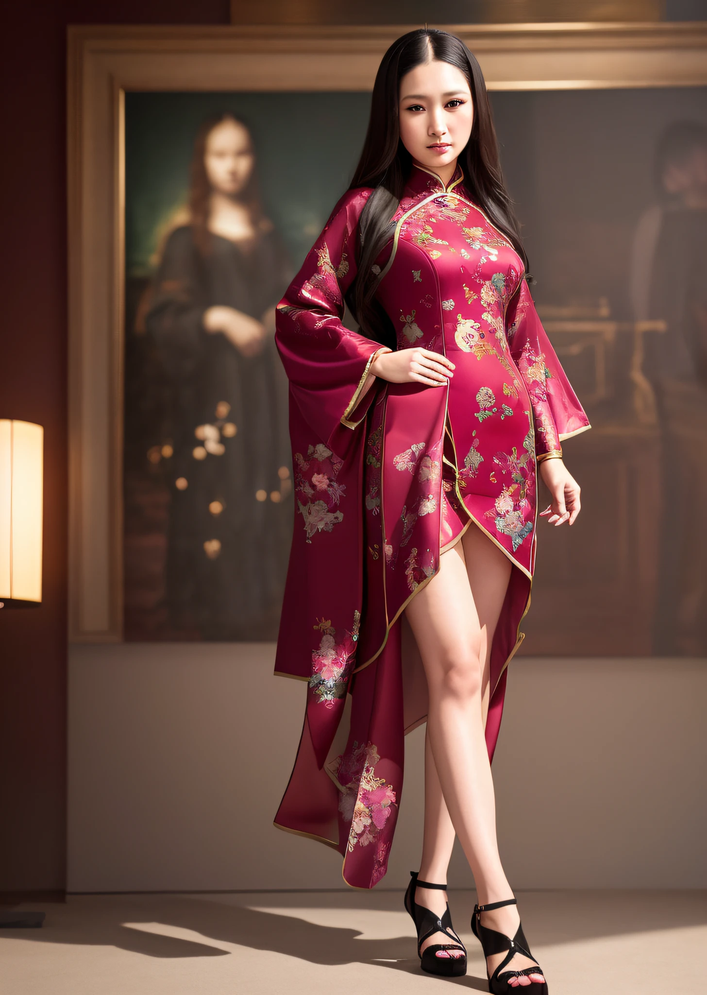 Mona Lisa Dressed in Chinese Cheongsam,, Gentle Expression, Full Body Portrait, Shoes, Catwalk, Masterpiece, Highest Quality, High Quality, Highly Detailed CG Unit 8k Wallpaper, Award Winning Photo, Bokeh, Depth of Field, HDR, Flood, Chromatic Aberration, Realistic, Very Detailed, Art Station Trend, CGsociety Trend, Complex, High Detail, Dramatic, Midway Art, Volumetric Lighting