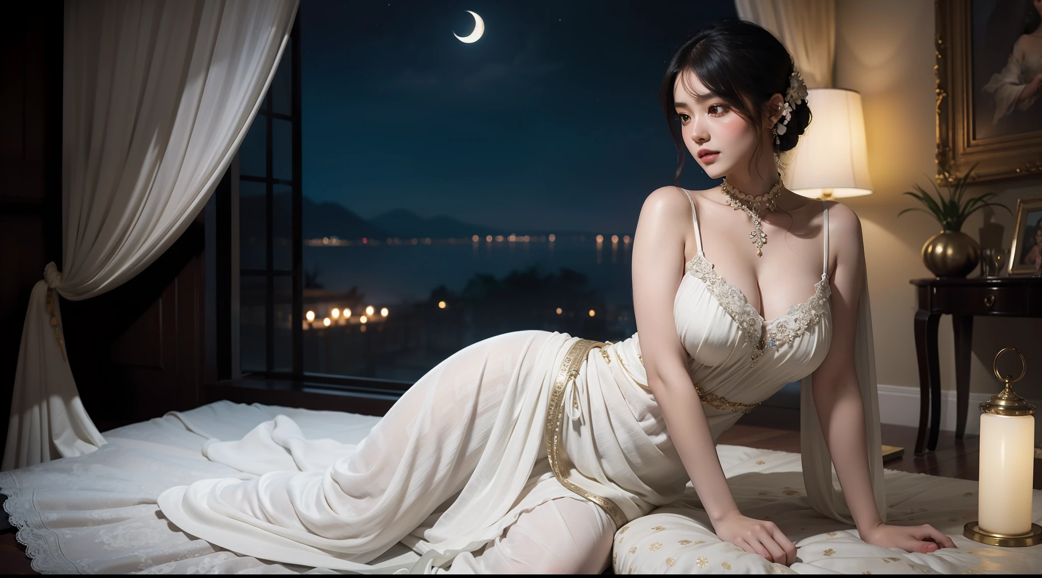 The art depicts a charming woman dressed in a flowing, silky traditional oriental dress, white, decorated with intricate patterns and bright colors. Her dress drapes elegantly over her curvy figure, accentuating her seductive silhouette. She stood gracefully in the quiet moonlit night, bathed in the soft glow of the moonlight. The scene exudes an ethereal and dreamy atmosphere, with a touch of mystery and sexiness. The graphic style blends watercolor and digital illustration techniques to evoke a refined beauty and charm. The lights are filled with soft moonlight, casting soft highlights and shadows on her charming features.