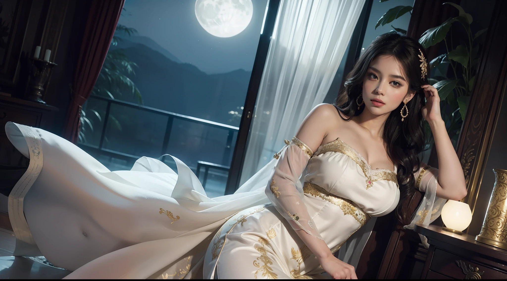 The art depicts a charming woman dressed in a flowing, silky traditional oriental dress, white, decorated with intricate patterns and bright colors. Her dress drapes elegantly over her curvy figure, accentuating her seductive silhouette. She stood gracefully in the quiet moonlit night, bathed in the soft glow of the moonlight. The scene exudes an ethereal and dreamy atmosphere, with a touch of mystery and sexiness. The graphic style blends watercolor and digital illustration techniques to evoke a refined beauty and charm. The lights are filled with soft moonlight, casting soft highlights and shadows on her charming features.