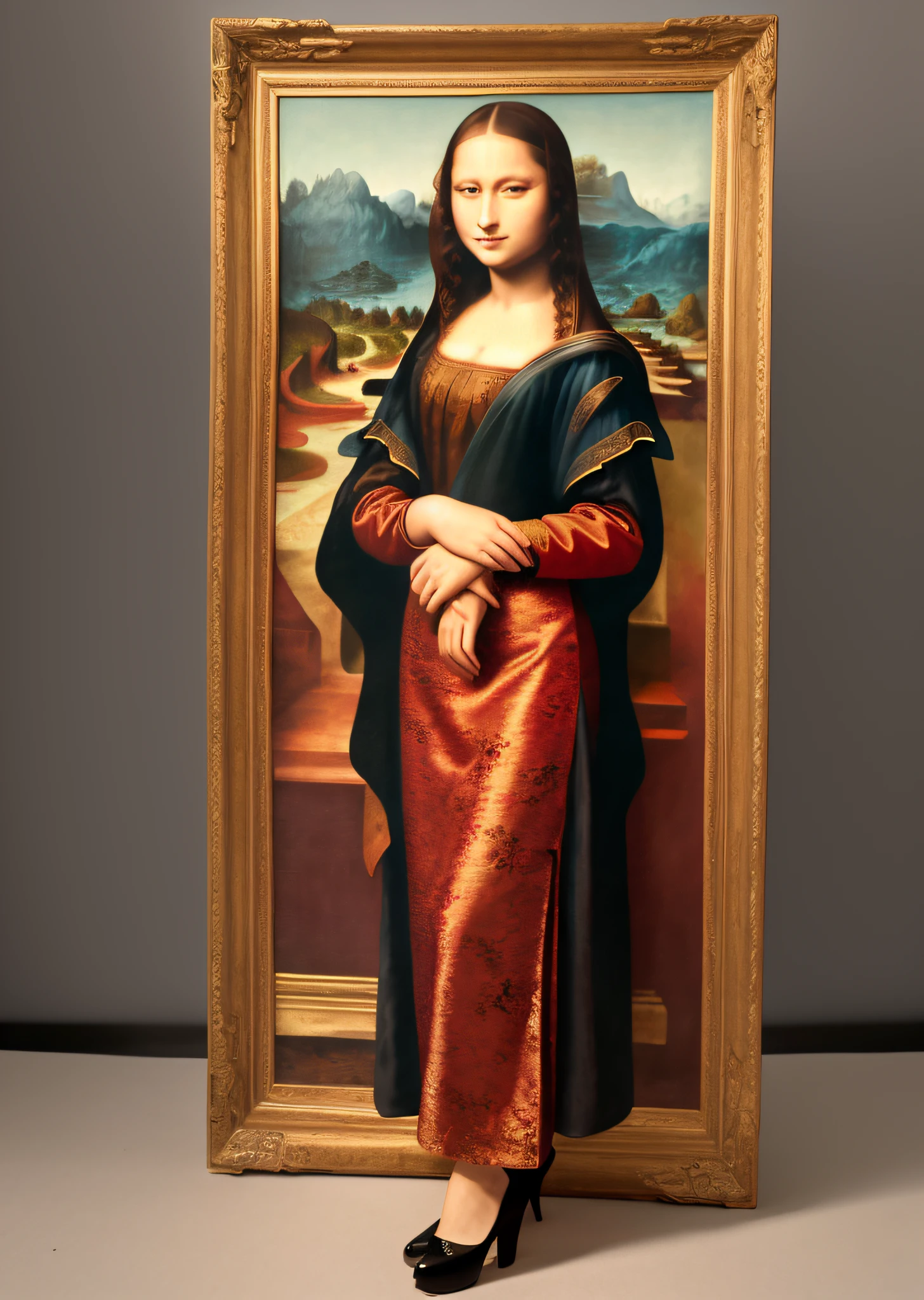 Mona Lisa Dressed in Chinese Cheongsam,, Gentle Expression, Full Body Portrait, Shoes, Catwalk, Masterpiece, Highest Quality, High Quality, Highly Detailed CG Unit 8k Wallpaper, Award Winning Photo, Bokeh, Depth of Field, HDR, Flood, Chromatic Aberration, Realistic, Very Detailed, Art Station Trend, CGsociety Trend, Complex, High Detail, Dramatic, Midway Art, Volumetric Lighting