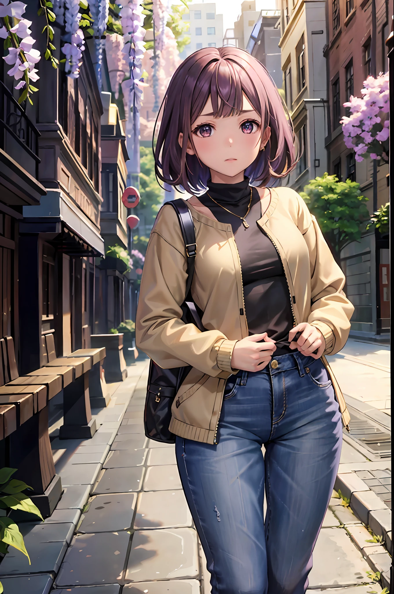 Ray Tracing,Global Illumination,3girl,chibi:1.49, wisteria_purple large eyes, brown, buzz cut,envious _face,light dark skin,flat chest,thick thighs,, High-waisted_denim_mom_jeans, white_turtleneck_sweater, camel_coat, white_sneakers, layered_gold_necklaces, and_a_black_leather_backpack, , Grassy_area_with_trees_and_benches, looking at viewer,