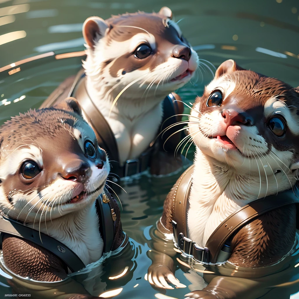 intricate details,8k,highres,(realistic and clear face),soft light,perfect shadow, A group of cute otters are all wearing life jacket, all paddling a boat, sitting in a line, intricately detailed, fine details, hyperdetailed, raytracing, subsurface scattering, diffused soft lighting, shallow depth of field, --auto --s2