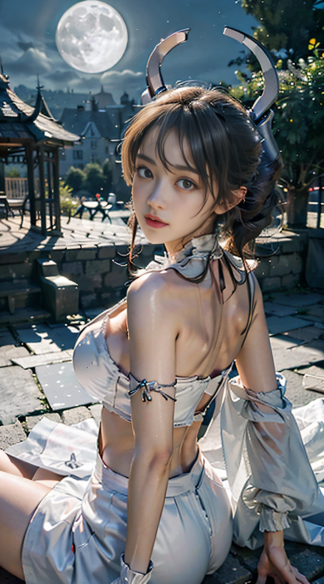 (8k, RAW photo, best quality, masterpiece:1.2), (photorealistic, photorealistic:1.37),,, cute, professional lighting, photon mapping, radiosity, physically based rendering, 1 girl, horn, dress, white gloves, gorgeous, night, moon, detailed background, 8k high resolution, 8k, CG wallpaper, realistic, clear background, , full body