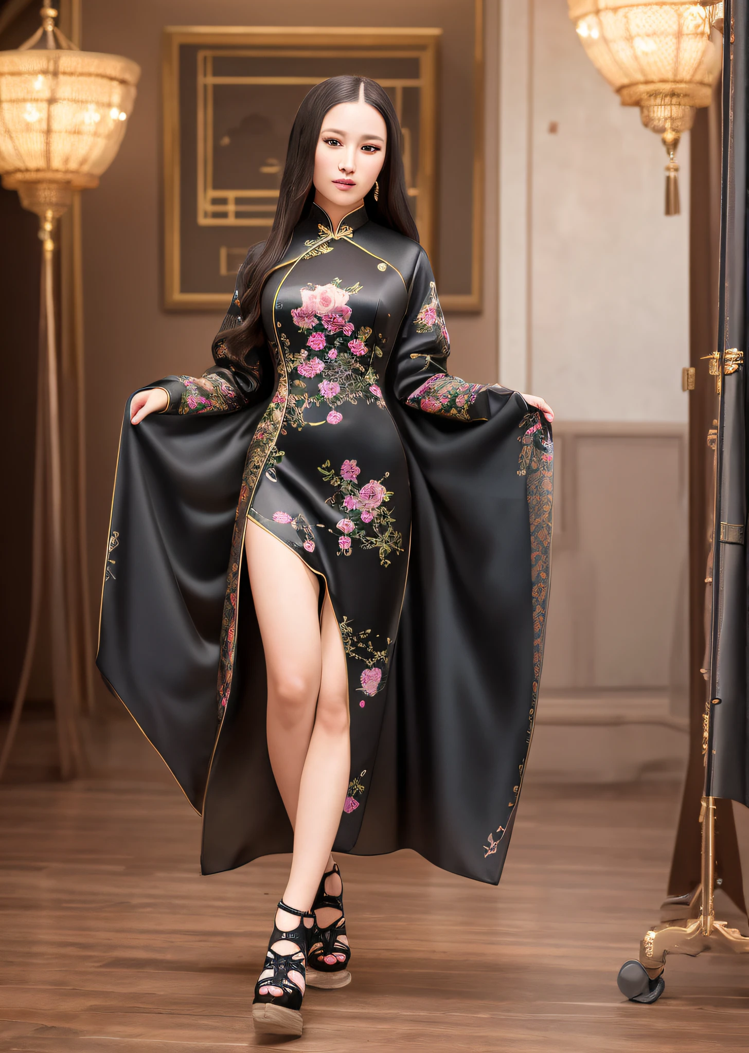 Mona Lisa Dressed in Chinese Cheongsam,, Gentle Expression, Full Body Portrait, Shoes, Catwalk, Masterpiece, Highest Quality, High Quality, Highly Detailed CG Unit 8k Wallpaper, Award Winning Photo, Bokeh, Depth of Field, HDR, Flood, Chromatic Aberration, Realistic, Very Detailed, Art Station Trend, CGsociety Trend, Complex, High Detail, Dramatic, Midway Art, Volumetric Lighting