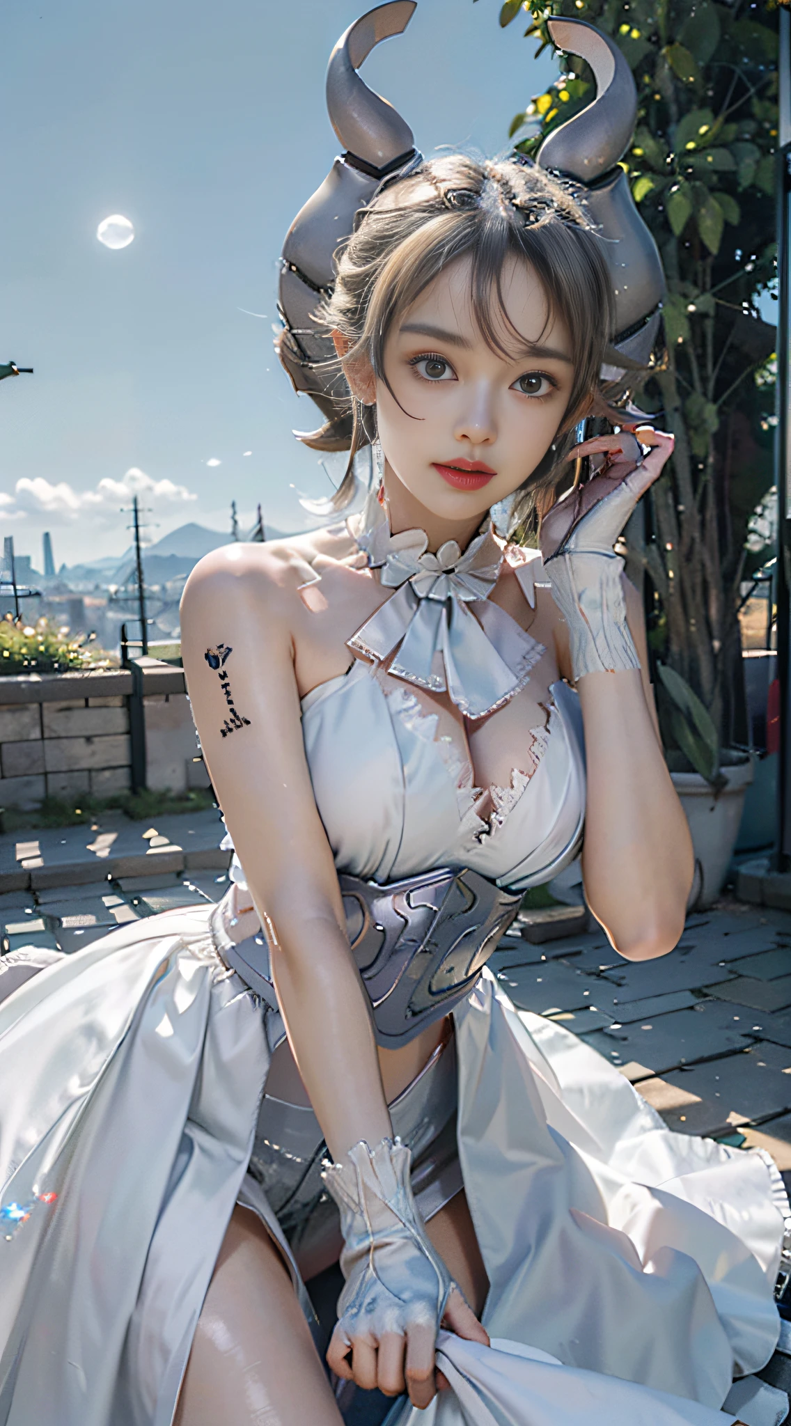(8k, RAW photo, best quality, masterpiece:1.2), (photorealistic, photorealistic:1.37),,, cute, professional lighting, photon mapping, radiosity, physically based rendering, 1 girl, horn, dress, white gloves, gorgeous, night, moon, detailed background, 8k high resolution, 8k, CG wallpaper, realistic, clear background, , full body