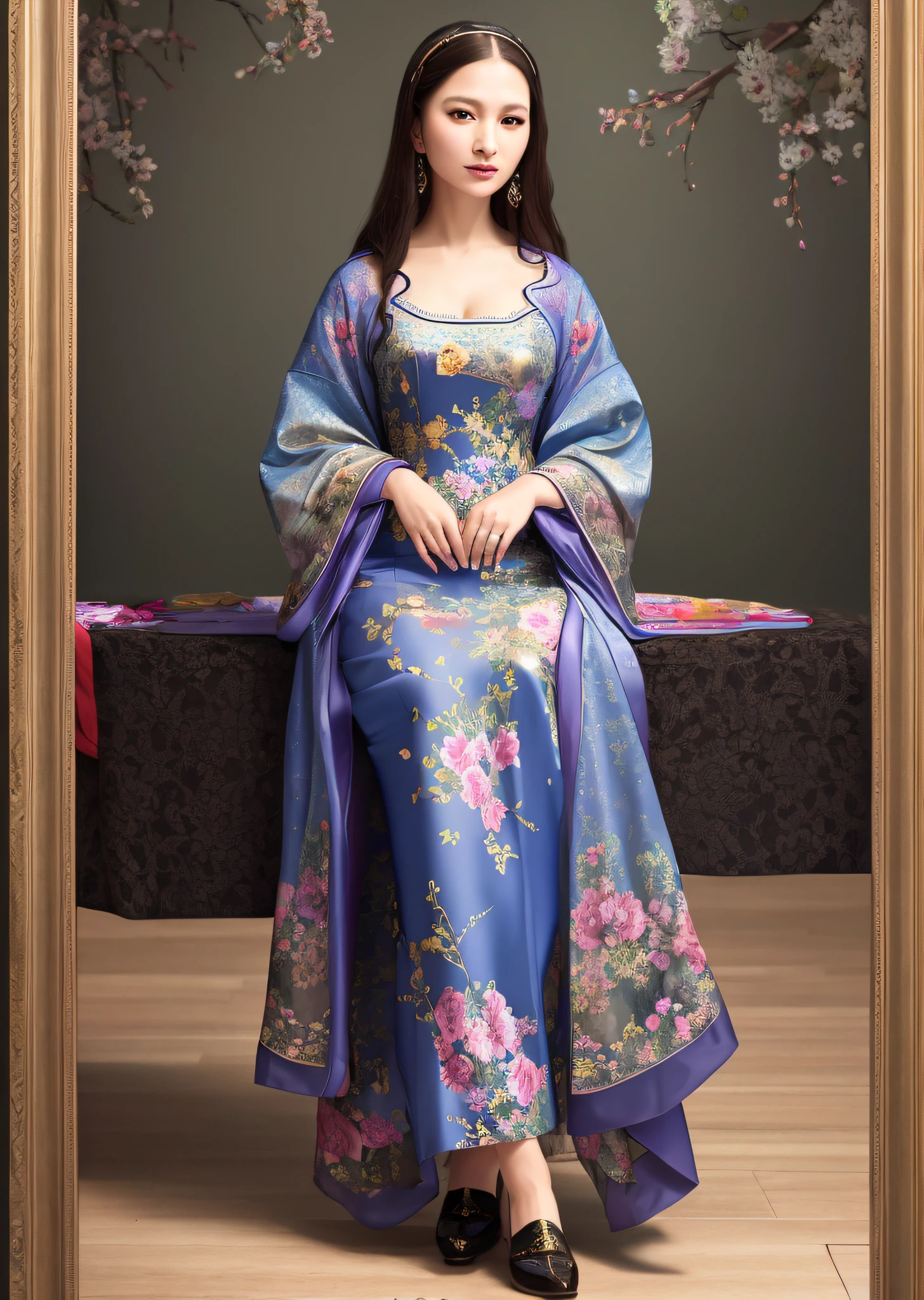 Mona Lisa Dressed in Chinese Cheongsam,, Gentle Expression, Full Body Portrait, Shoes, Catwalk, Masterpiece, Highest Quality, High Quality, Highly Detailed CG Unit 8k Wallpaper, Award Winning Photo, Bokeh, Depth of Field, HDR, Flood, Chromatic Aberration, Realistic, Very Detailed, Art Station Trend, CGsociety Trend, Complex, High Detail, Dramatic, Midway Art, Volumetric Lighting