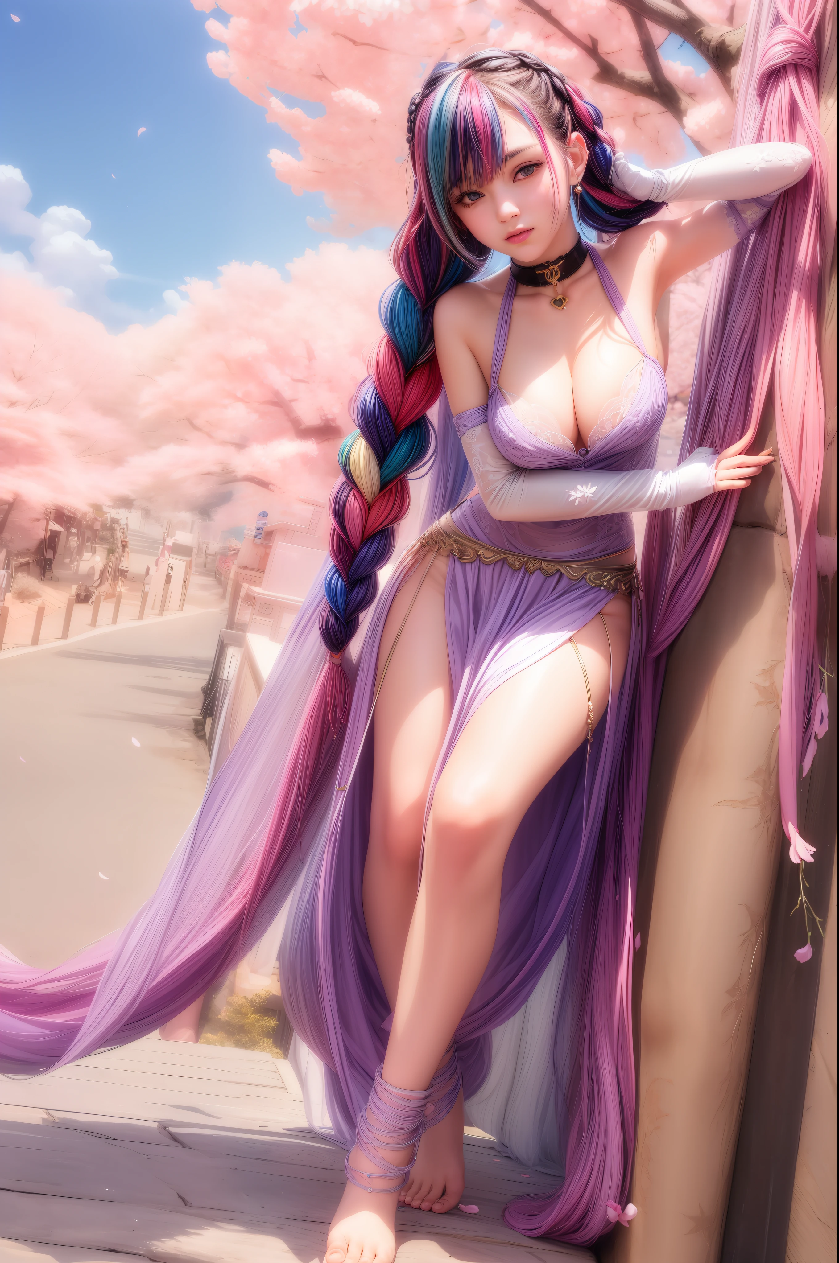 beautiful detailed eyes,extremely_detailed_eyes_and_face,best quality,highly detailed,masterpiece,ultra-detailed,illustration,Surrealism, drop shadow, anaglyph, stereogram, tachi-e, pov, atmospheric perspective, 8k, super detail, ccurate, best quality,
cherry blossoms,sun, day, sky, looking at viewer,
1girl, solo,
multicolored hair
hair between eyes, twin braids,hair over shoulder,
AGE:20,height:165,(breasts:0.8),
walk,arms under breasts,
suit ,bodystocking,
barefoot sandals,
crescent hair ornament,elbow gloves,heart choker