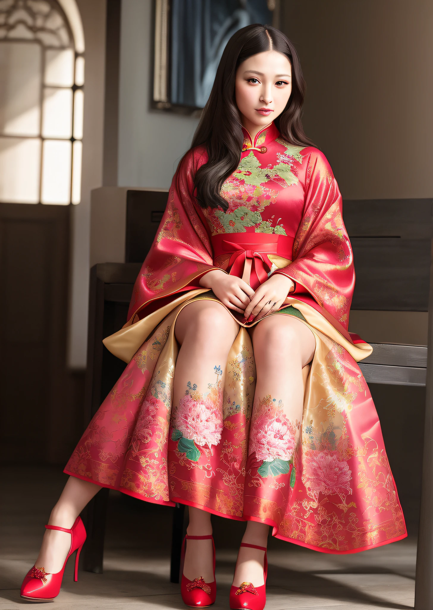 Mona Lisa Dressed in Chinese Cheongsam,, Gentle Expression, Full Body Portrait, Shoes, Catwalk, Masterpiece, Highest Quality, High Quality, Highly Detailed CG Unit 8k Wallpaper, Award Winning Photo, Bokeh, Depth of Field, HDR, Flood, Chromatic Aberration, Realistic, Very Detailed, Art Station Trend, CGsociety Trend, Complex, High Detail, Dramatic, Midway Art, Volumetric Lighting