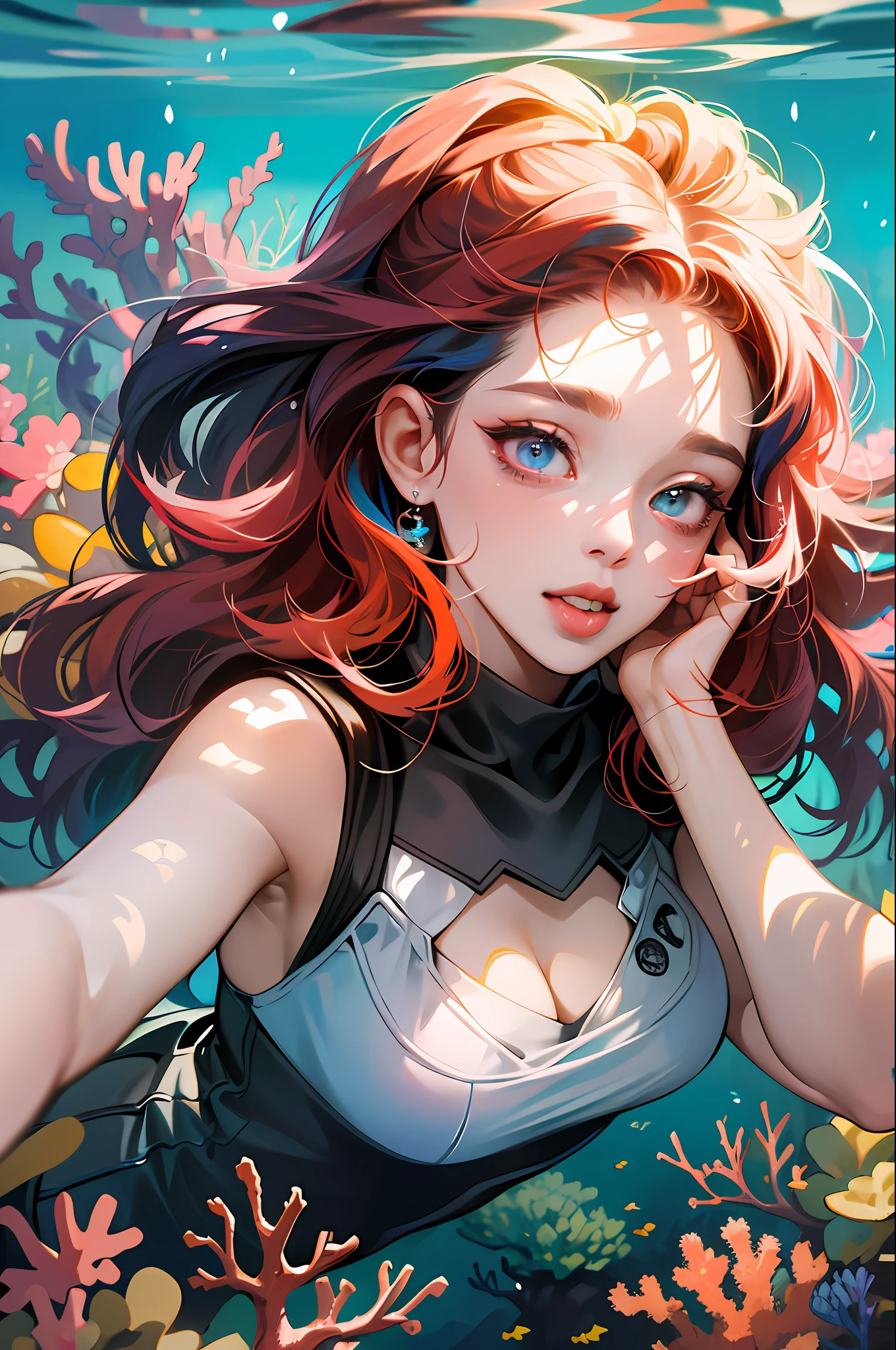 absurdres, highres, ultra detailed, 1girl, solo, extremely detailed eyes, multicolored hair, curly hair, coral eyes, , Diving_underwater_to_view_marine_life,, heavy breathing (panting)