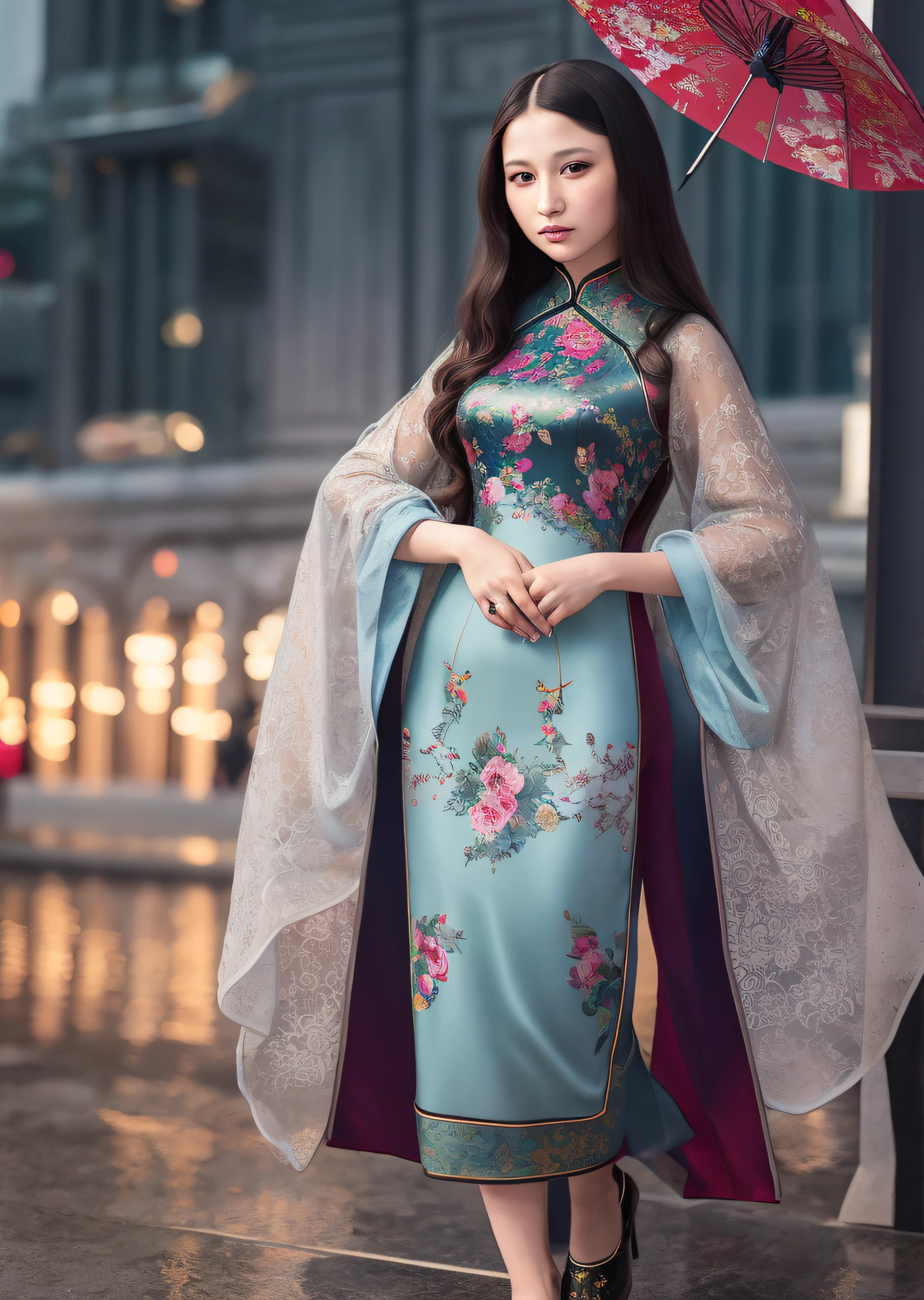 Mona Lisa Dressed in Chinese Cheongsam,, Gentle Expression, Full Body Portrait, Shoes, Catwalk, Masterpiece, Highest Quality, High Quality, Highly Detailed CG Unit 8k Wallpaper, Award Winning Photo, Bokeh, Depth of Field, HDR, Flood, Chromatic Aberration, Realistic, Very Detailed, Art Station Trend, CGsociety Trend, Complex, High Detail, Dramatic, Midway Art, Volumetric Lighting