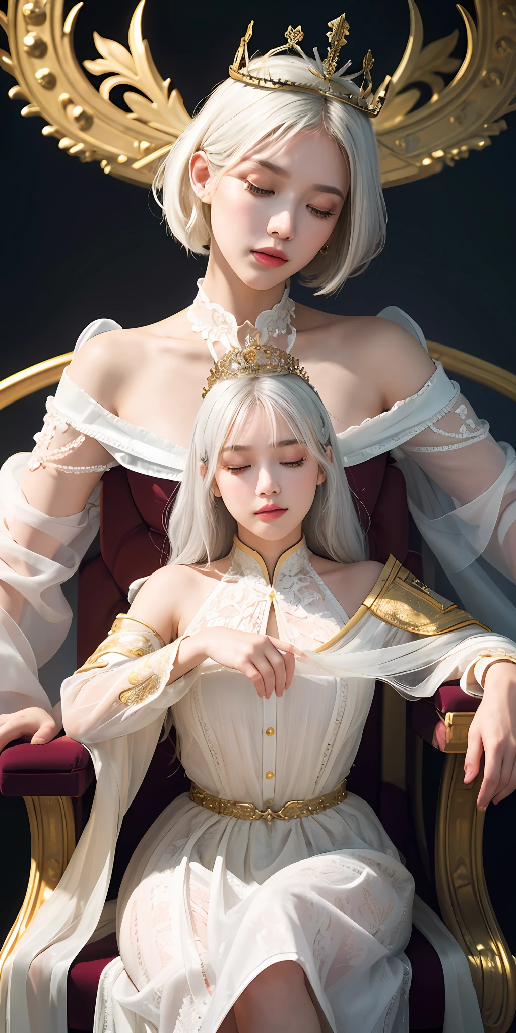 (Masterpiece:1.2), best quality, (illustration:1.2), (ultra-detailed), hyper details, (delicate detailed), (intricate details), (cinematic light, best quality Backlights), clear line, from below, soloist, perfect body, (1girl), white hair and yellow eyes, (emperor, black see-through clothes), (crown: 1.1), sitting on the throne, eyes slightly closed, head down, (shy: 1.2 ), (makeup), high contrast, (best illumination, an extremely create and beautiful), (cinematic light), colorful,