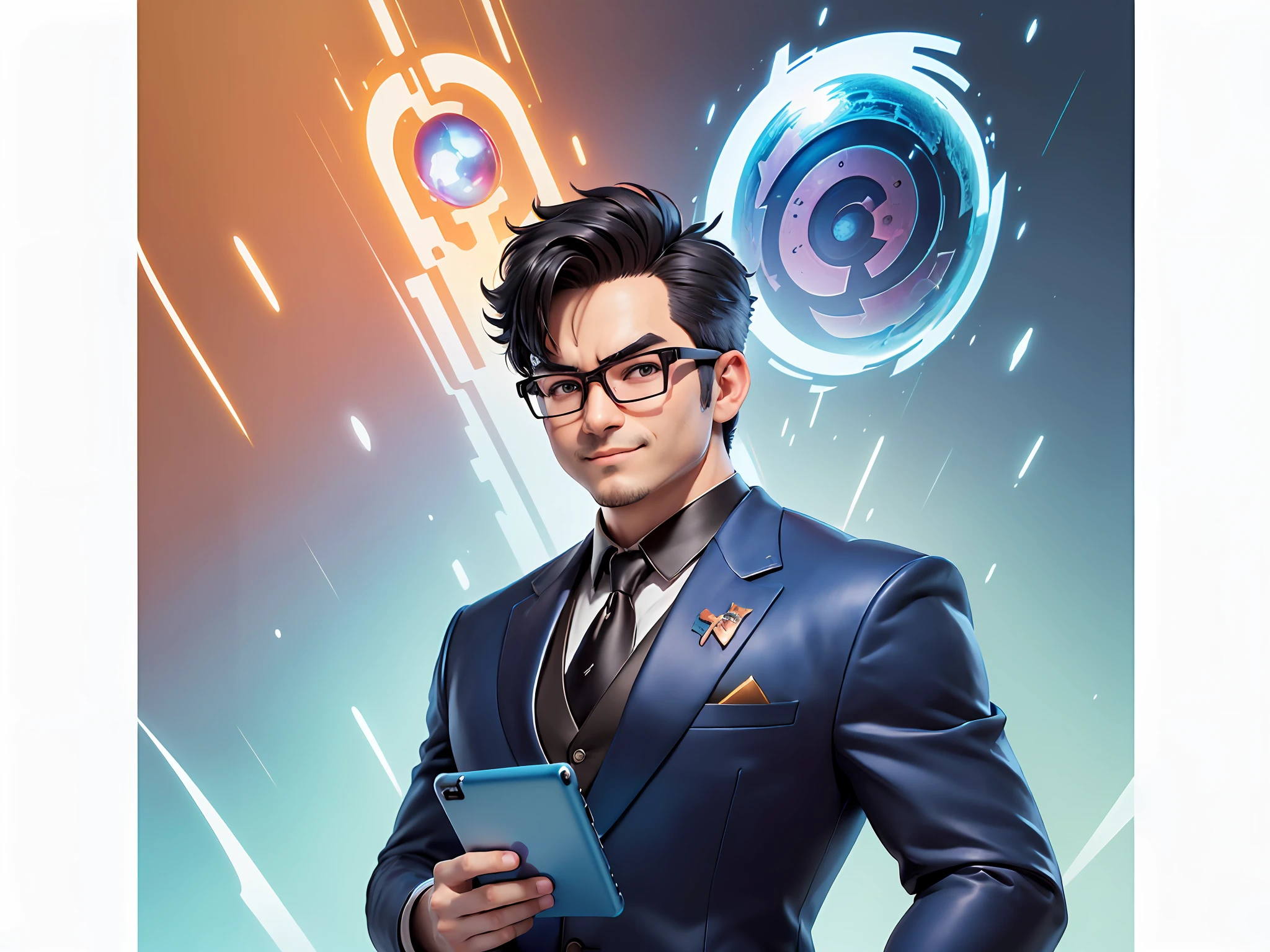 (((Masterpiece), (Excellent), (Super Meticulous), (Full Body: 1.2), Super Young Man, Oriental Face, Japanese Wind and Thunder God, Dragon, Tiger, TV Anchor, Bust Portrait Illustration, Alone, Black Formal Suit, Blue Tie, Slightly Chubby Face, Silver Glasses Face Very Clean No Beard, Black Super Short Hair, Black Eyes, Confident Smile, 3c Computer Sub-Products, iPad, iPhone, Digital Painting, 3D Character Design by Akira Toriyama and Mark Claireden and Pixar and Hayao Miyazaki, The illustration is a high-definition illustration in 4K resolution with very detailed facial features and cartoon-style visuals.