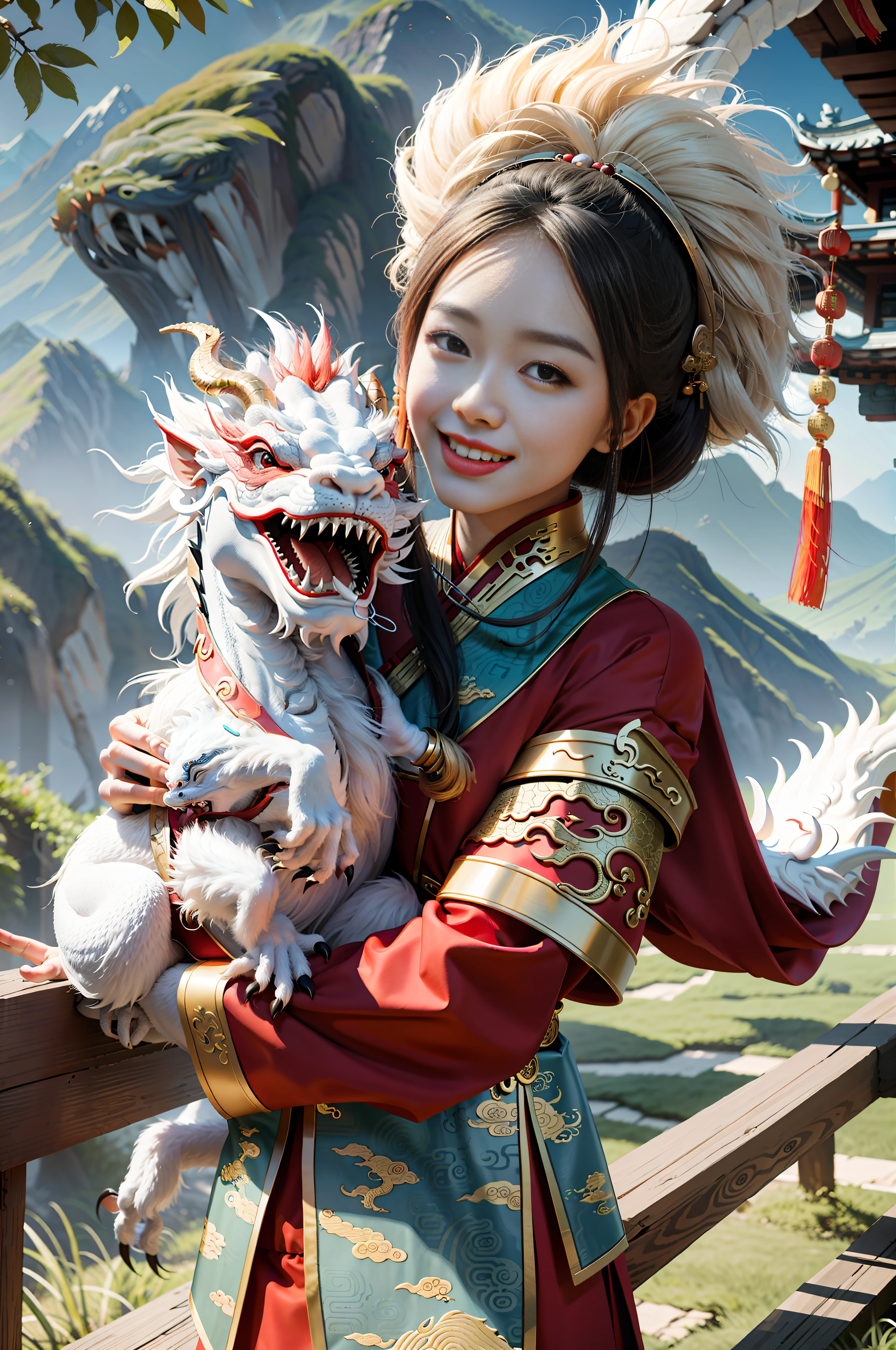 masterpiece, best quality, making friends with the Chinese dragon, fun, happy, bright, loong,