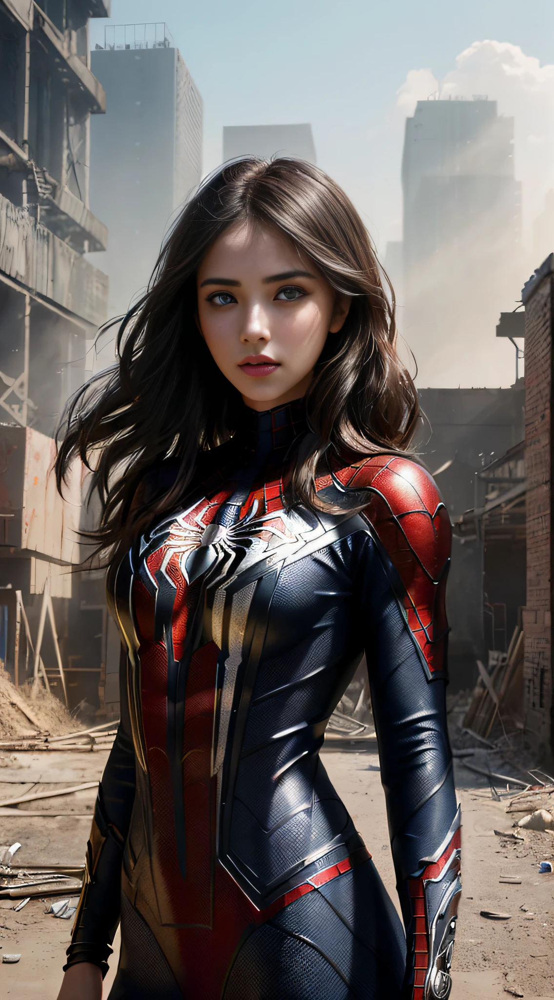 (1girl:1.3), solo, (((extremely detailed face))),(((extremely detailed eyes and face))),beautiful detailed eyes,body-parts__, official art, unified 8k wallpaper, super detailed, beautiful and aesthetic, beautiful, masterpiece, best quality, raw, masterpiece, super fine photo, best quality, super high resolution, photorealistic realism, sunlight, full body portrait, amazing beauty,, dynamic pose, delicate face, vibrant eyes, (from the front), she is wearing a Spider-man suit, red and black color scheme, spider, very detailed abandoned warehouse background, Detailed face, detailed complex busy background, messy, gorgeous, milky white, highly detailed skin, realistic skin details, visible pores, sharp focus, volumetric fog, 8k uhd, DSLR, high quality, film grain, fair skin, photo realism, lomography, huge metropolis in future dystopia, seen from below, translucent