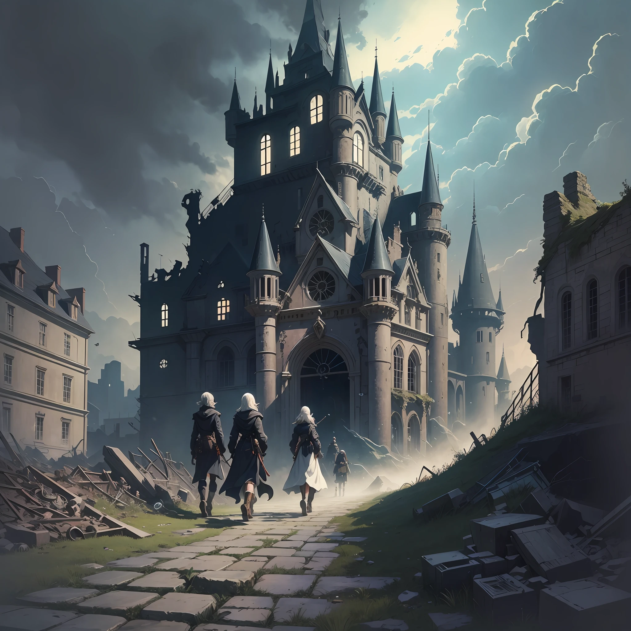 Draw in the atmosphere of Leiji Matsumoto. C.L. Moore's Joyley's Zirrel, an old castle with dark skulls in ruins, the sky is dark and gray as if falling, vicious trinkets are crawling here and there, and you walk through them to help people. --auto --s2