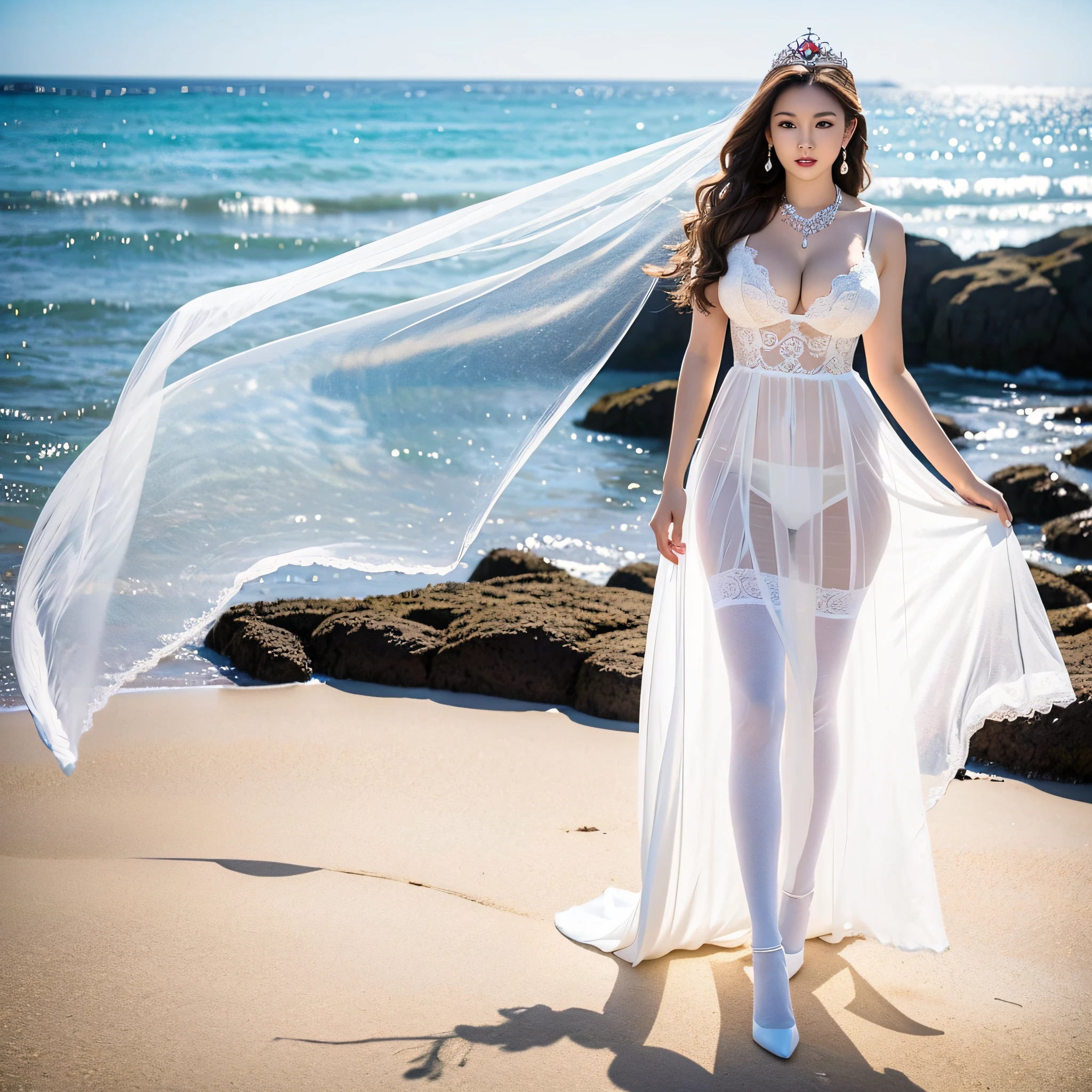 Highest quality, masterpiece, correct proportions, Asian girl, long brown hair slightly curly, ((big breasts)), (hip size), crown, earrings, necklace, jewelry, white translucent wedding dress, white transparent stockings, at the seaside, running, charming, full body, front, medium view, wide angle, pastel colors, summer, breeze, photos, highest resolution, 8K