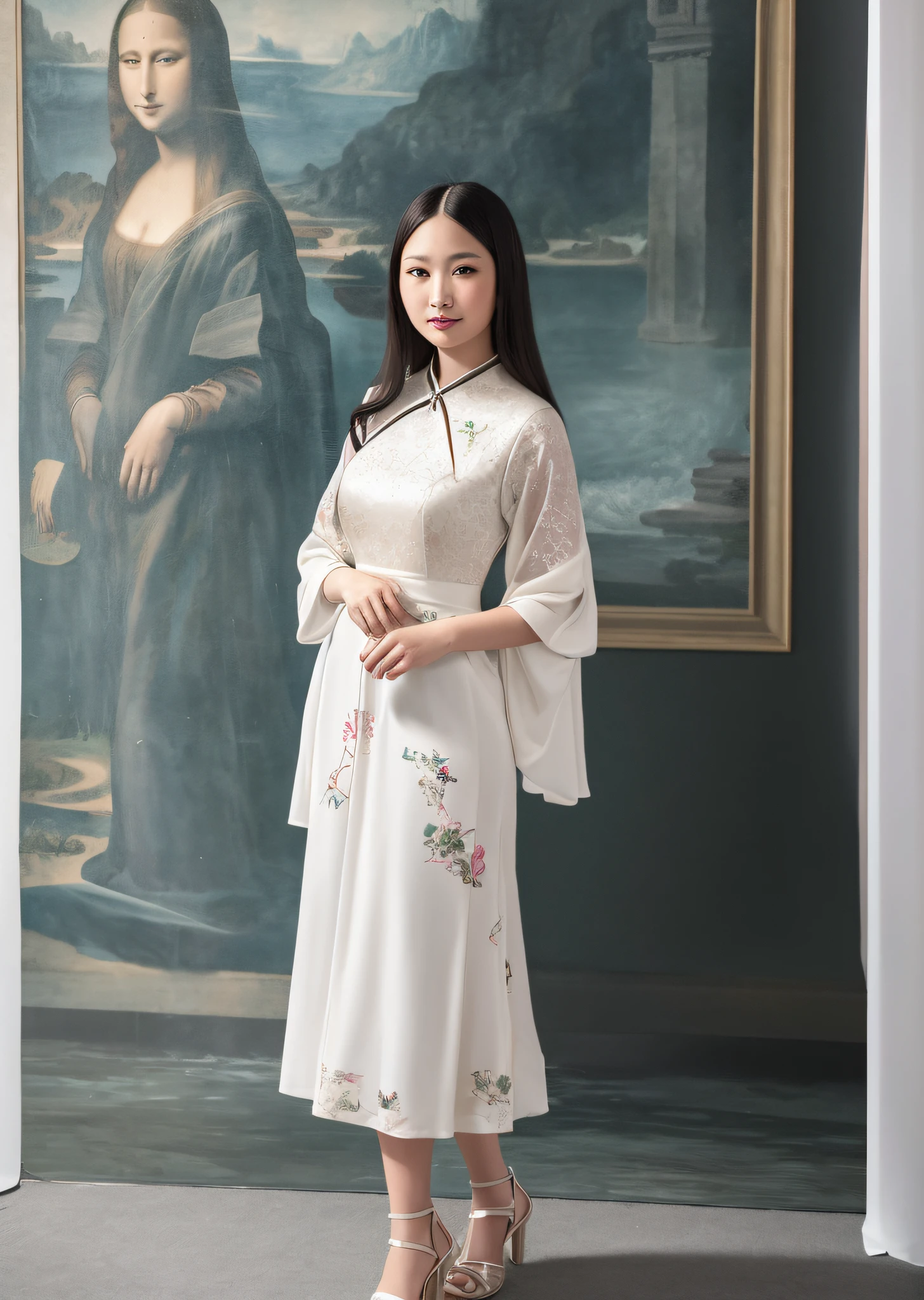 Mona Lisa Dressed in Chinese Cheongsam,, Gentle Expression, Full Body Portrait, Shoes, Catwalk, Masterpiece, Highest Quality, High Quality, Highly Detailed CG Unit 8k Wallpaper, Award Winning Photo, Bokeh, Depth of Field, HDR, Flood, Chromatic Aberration, Realistic, Very Detailed, Art Station Trend, CGsociety Trend, Complex, High Detail, Dramatic, Midway Art, Volumetric Lighting