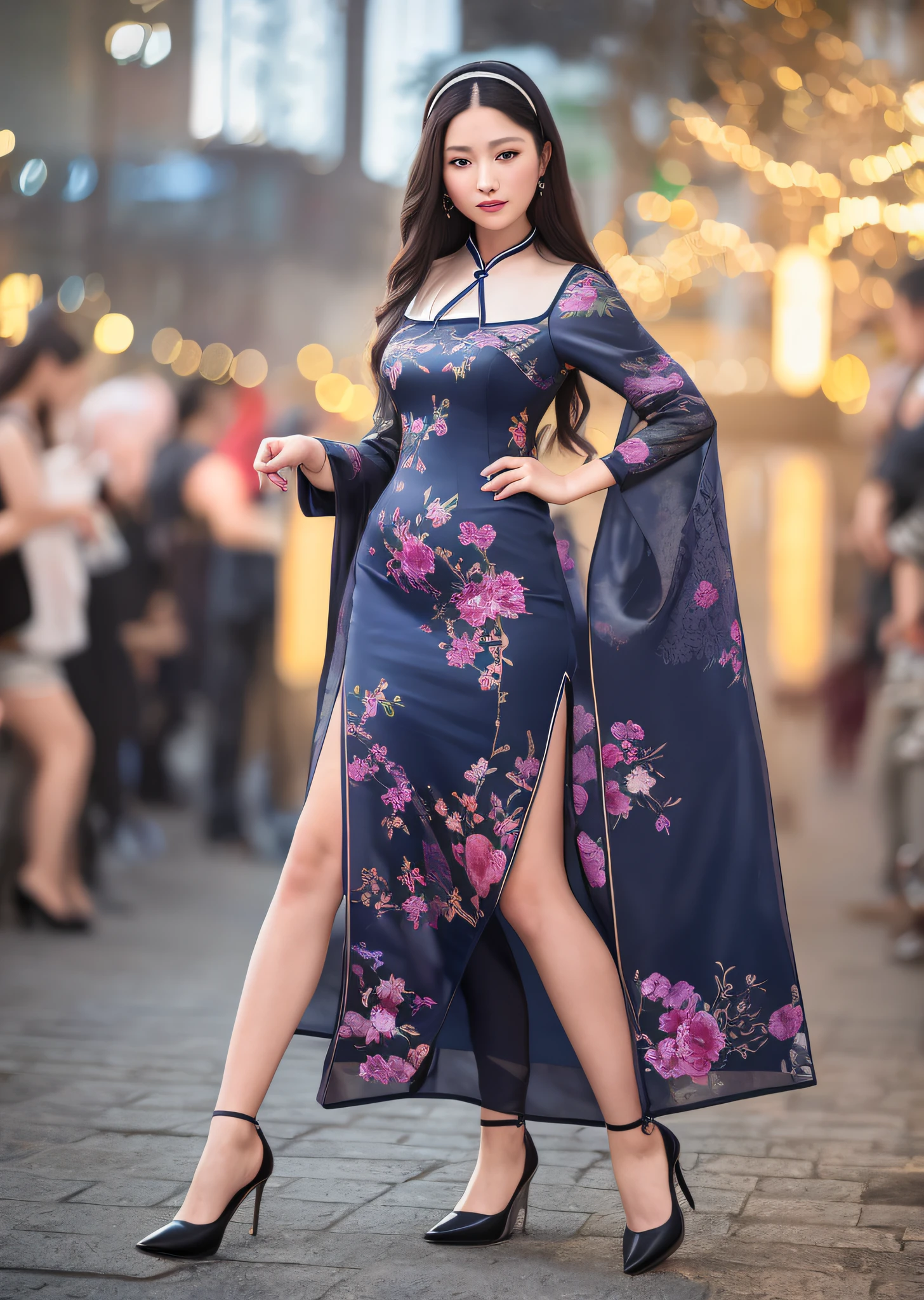 Mona Lisa Dressed in Chinese Cheongsam,, Gentle Expression, Full Body Portrait, Shoes, Catwalk, Masterpiece, Highest Quality, High Quality, Highly Detailed CG Unit 8k Wallpaper, Award Winning Photo, Bokeh, Depth of Field, HDR, Flood, Chromatic Aberration, Realistic, Very Detailed, Art Station Trend, CGsociety Trend, Complex, High Detail, Dramatic, Midway Art, Volumetric Lighting