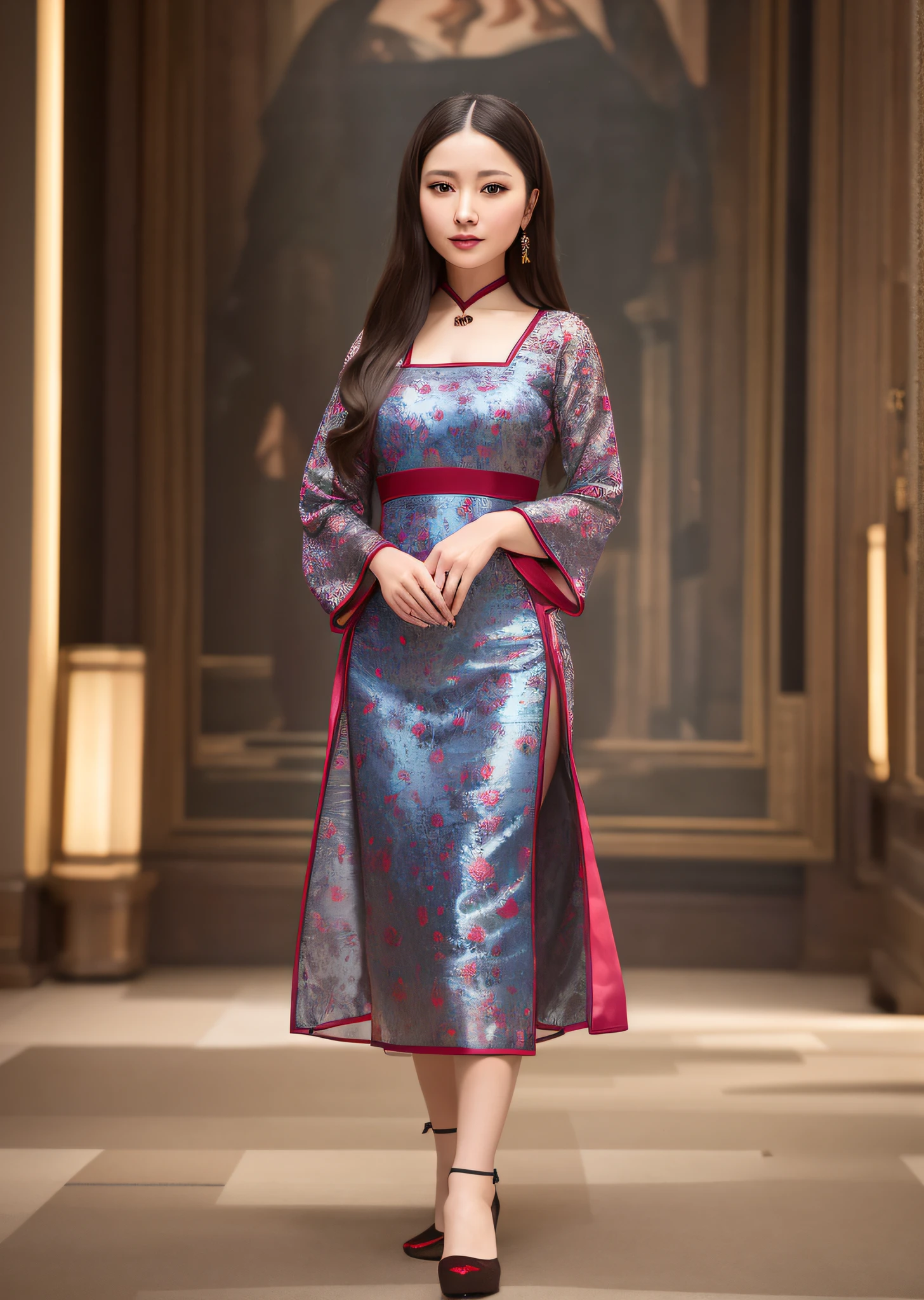 Mona Lisa Dressed in Chinese Cheongsam,, Gentle Expression, Full Body Portrait, Shoes, Catwalk, Masterpiece, Highest Quality, High Quality, Highly Detailed CG Unit 8k Wallpaper, Award Winning Photo, Bokeh, Depth of Field, HDR, Flood, Chromatic Aberration, Realistic, Very Detailed, Art Station Trend, CGsociety Trend, Complex, High Detail, Dramatic, Midway Art, Volumetric Lighting