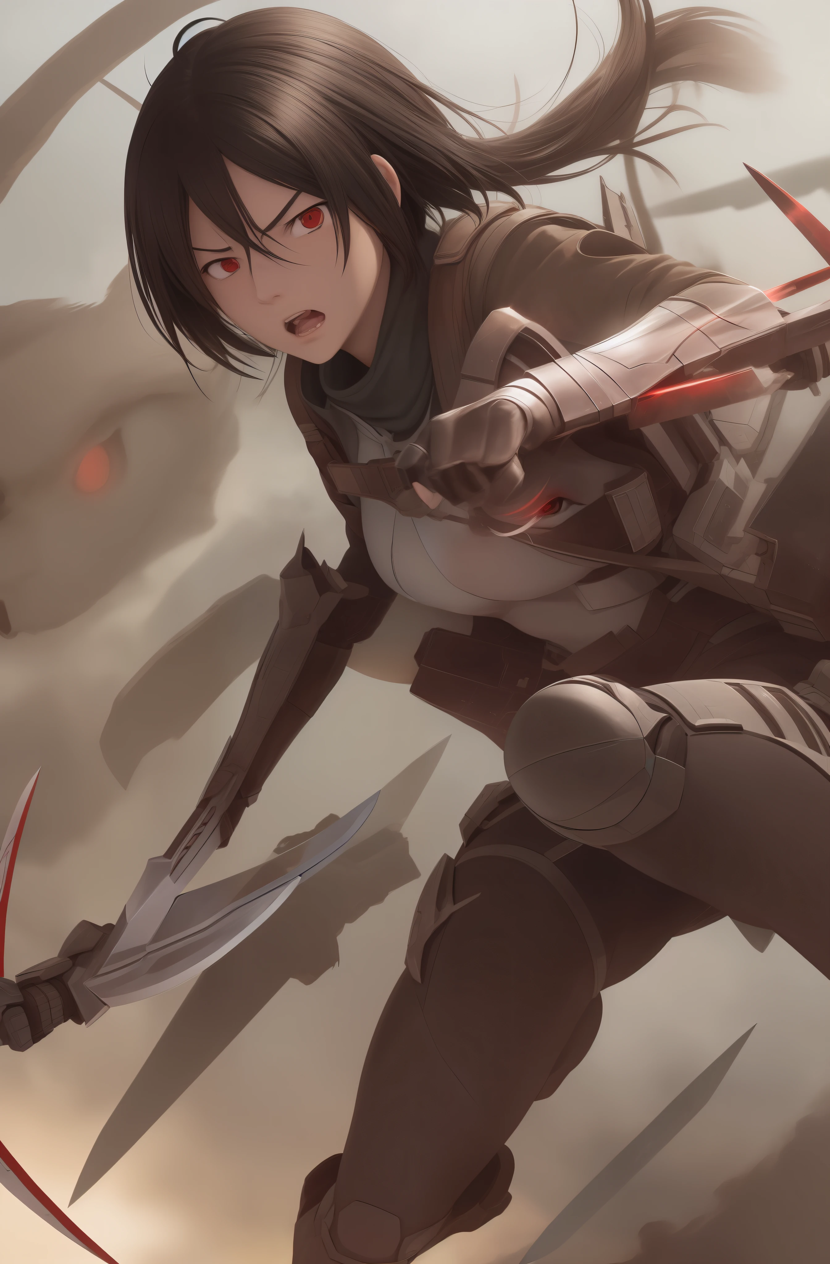 Mikasa Ackerman launches herself into the air with her 3D cables, soaring high above the Titan-infested landscape. With her knife at the ready and her face set in a look of fierce determination, Mikasa prepares to unleash a devastating attack on the Titans below.As she comes in for the kill, Mikasa's 3D cables whip through the air, propelling her forward with incredible speed and agility. With each movement, her blade flashes in the light, glinting with deadly intent as she slashes through the Titans with incredible precision and skill.As the battle rages on, Mikasa's face remains a study in focus and determination, her eyes fixed firmly on the task at hand. With each Titan she takes down, her confidence grows, and she becomes even more determined to protect humanity from the Titan threat.Mikasa's incredible strength, skill, and agility are on full display, showcasing why she is such an iconic and beloved character in the world of Attack on Titan. Whether soaring high above the Titans with her 3D cables or diving into the fray with her trusty knife, Mikasa is a force to be reckoned with, a fierce warrior and protector of humanity in the face of even the greatest of challenges.