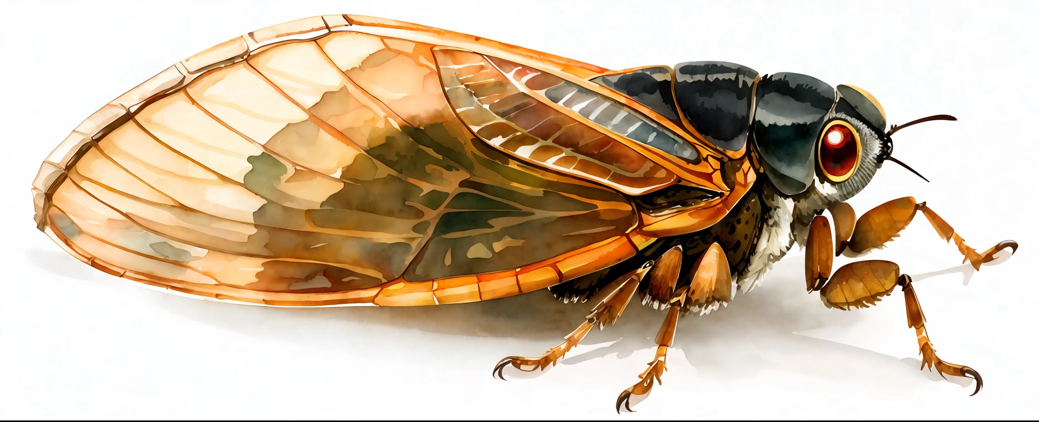 watercolor, cicada, watercolor style, wet in wet technique, flat illustration, highly detailed clean, vector image, masterpiece, professional, isometric, bright vector, white background, dry brush, brush stroke, drawn on canvas, by J.M.W. Turner. Expressive markers.