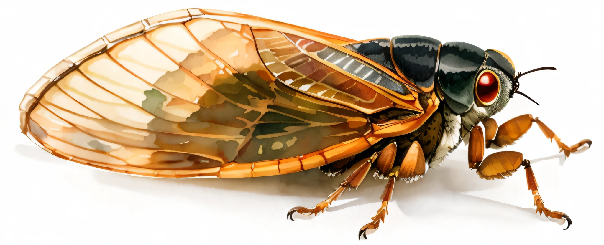 watercolor, cicada, watercolor style, wet in wet technique, flat illustration, highly detailed clean, vector image, masterpiece, professional, isometric, bright vector, white background, dry brush, brush stroke, drawn on canvas, by J.M.W. Turner. Expressive markers.