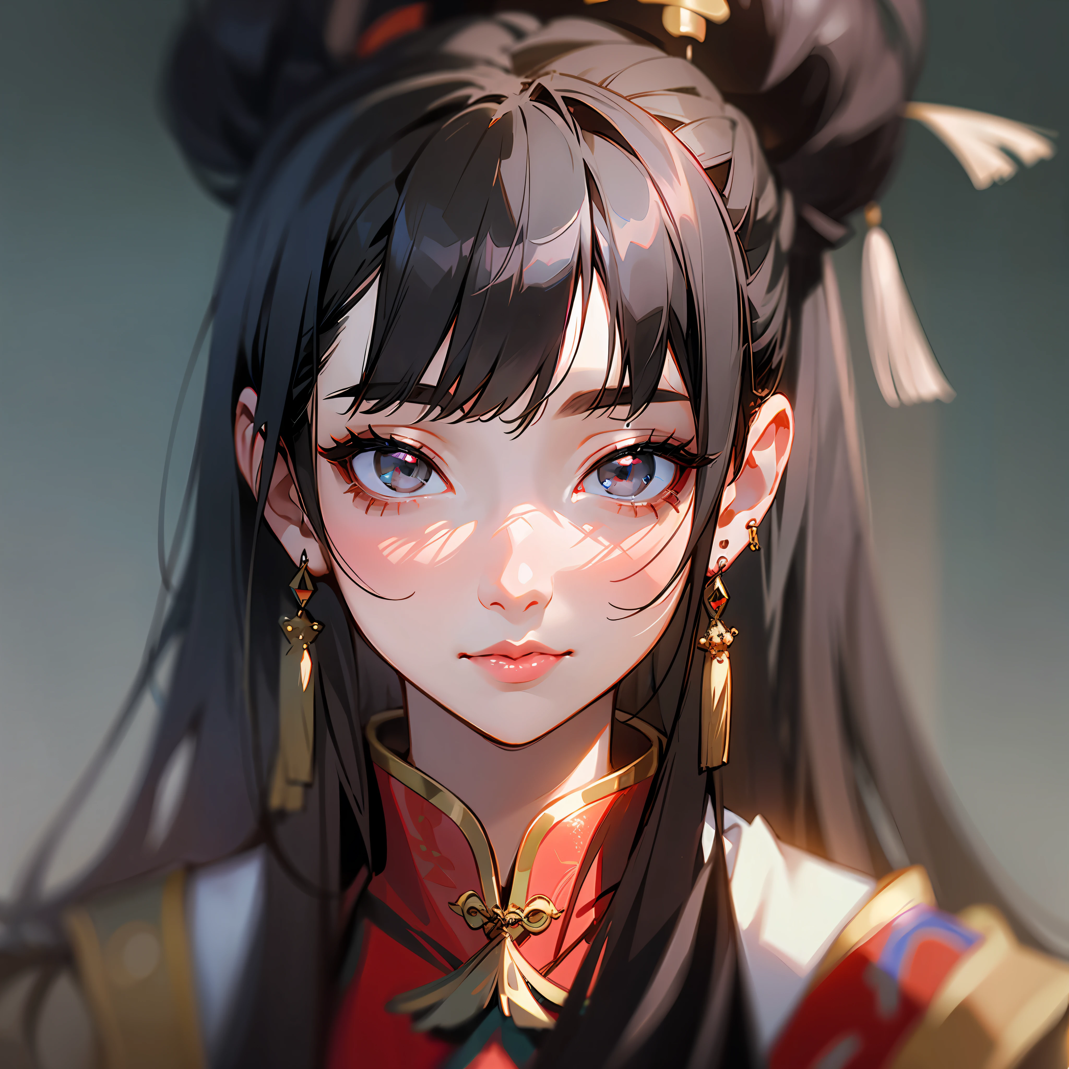 solo, jewelry, earrings, long hair, 1girl, cute, looking at the audience, portrait, gray hair, blurred, black hair, closed mouth, chinese clothes, gray eyes, fringed earrings, realistic, lips, tassels, blurred background --auto --s2