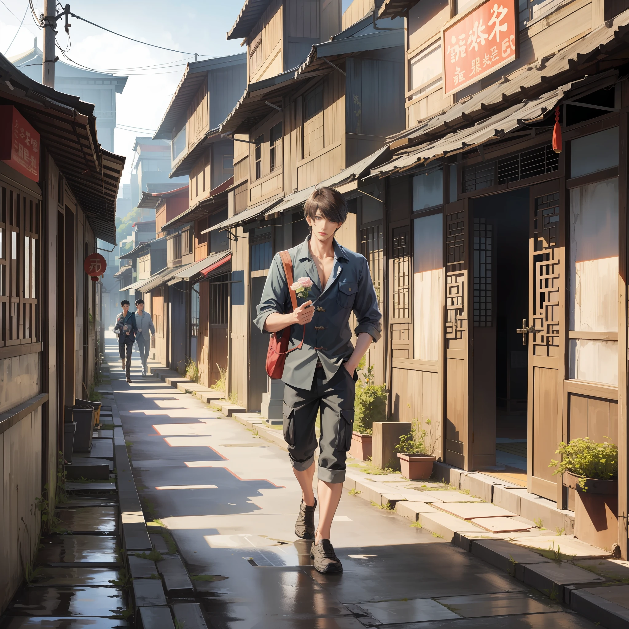 Boy, handsome, handsome, walking on the road, dilapidated houses, Chinese architecture,