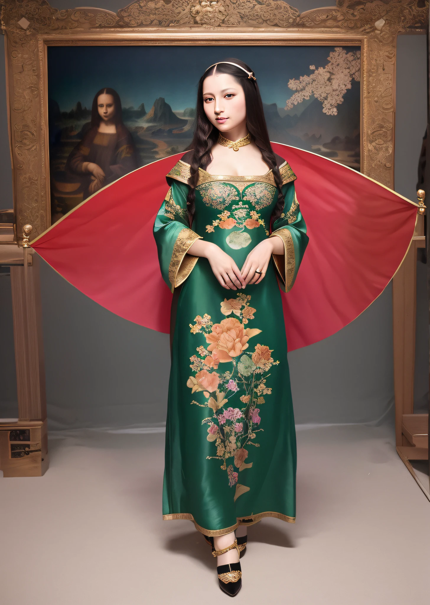 Mona Lisa dressed in Chinese Tang costume, gentle expression, full body portrait, shoes, catwalk, masterpiece, highest quality, high quality, highly detailed CG unit 8k wallpaper, award winning photo, bokeh, depth of field, HDR, flood, chromatic aberration, realistic, very detailed, art station trend, CGsociety trend, complex, high detail, dramatic, midway art, volumetric lighting