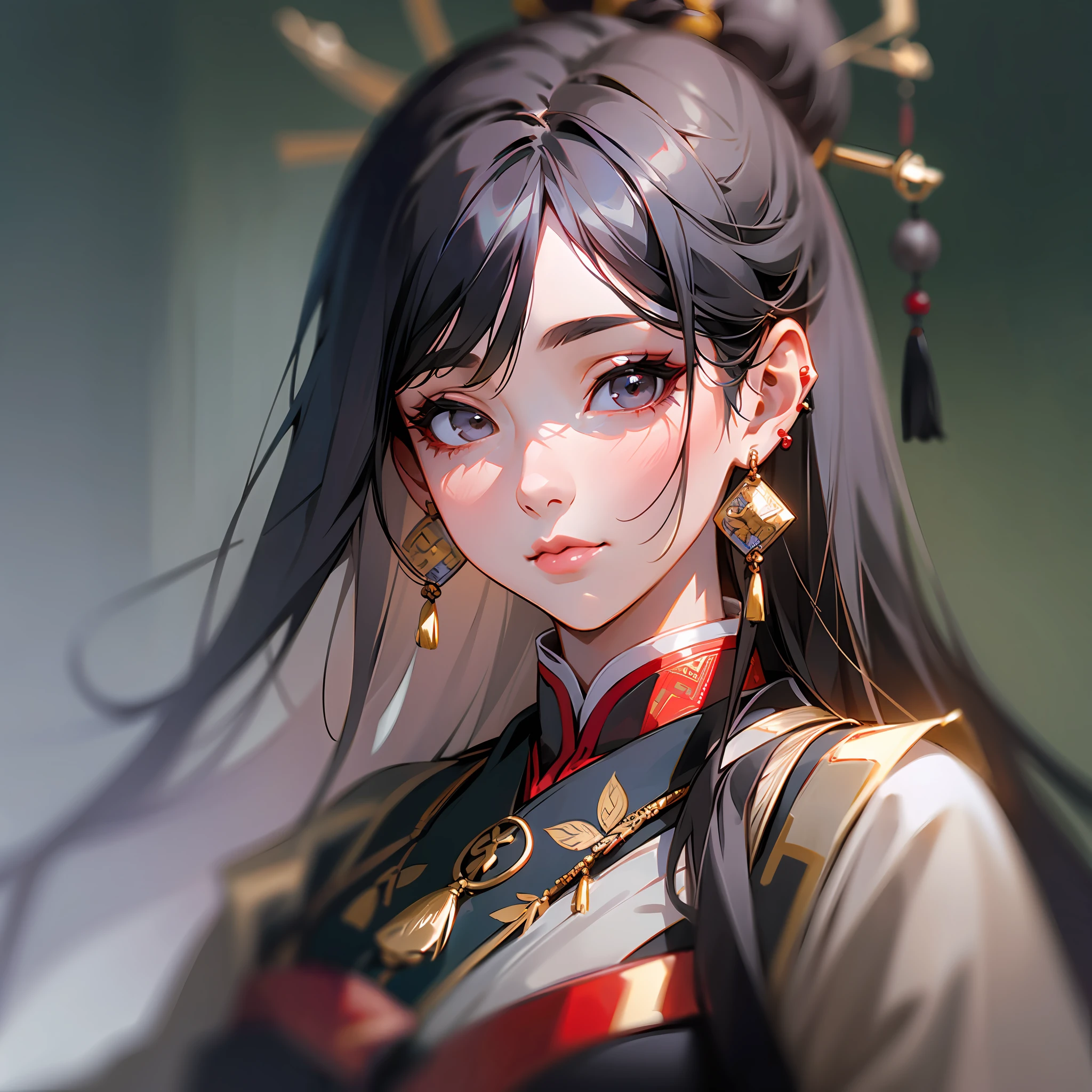 solo, jewelry, earrings, long hair, 1girl, cute, looking at the audience, portrait, gray hair, blurred, black hair, closed mouth, chinese clothes, gray eyes, fringed earrings, realistic, lips, tassels, blurred background --auto --s2