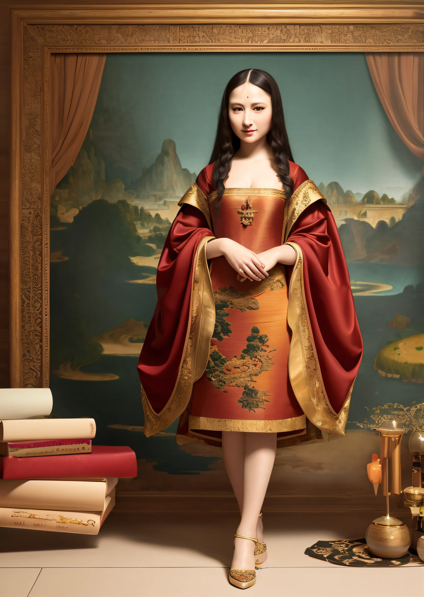 Mona Lisa dressed in Chinese Tang costume, gentle expression, full body portrait, shoes, catwalk, masterpiece, highest quality, high quality, highly detailed CG unit 8k wallpaper, award winning photo, bokeh, depth of field, HDR, flood, chromatic aberration, realistic, very detailed, art station trend, CGsociety trend, complex, high detail, dramatic, midway art, volumetric lighting
