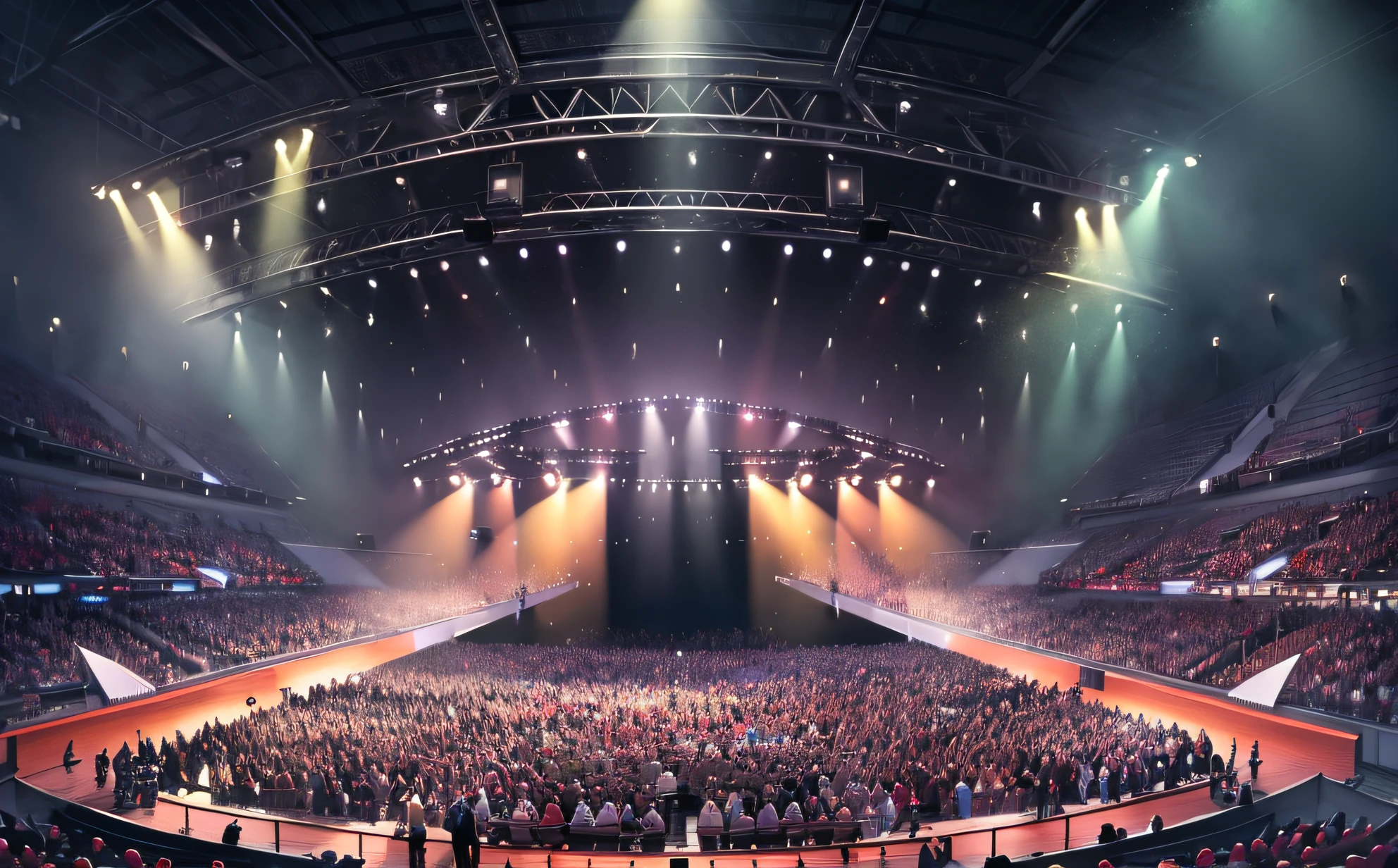 Masterpiece, Best quality, realistic, ultra-detailed, concert stage background, audience with excitement, hands raised and cheered, frontal view from above, vista