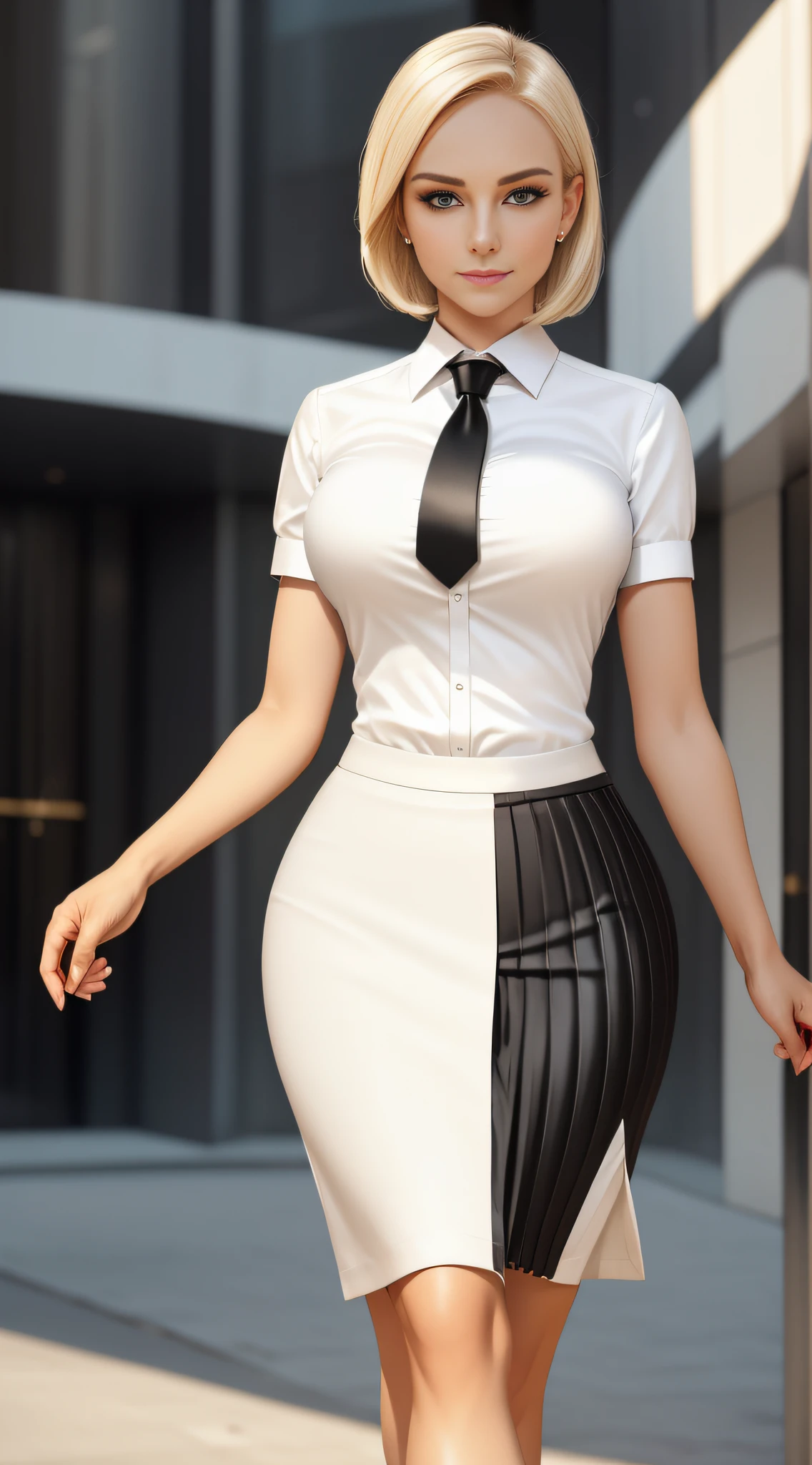 Masterpiece, absurd, HDR, city streets, highly detailed eyes and face, smile, beautiful nod_woman, short blonde hair, (((white shirt short sleeves))), ((black polished pencil skirt)), ((black pleated skirt)), ((white shirt short sleeves)), ((black pencil skirt)), perfect nod_body, perfect nod_face, (same character, front), (full body: 1.8), natural arm extension, best quality, super high resolution, (reality: 1.4), 1 girl, looking at the audience, golden ratio, broad shoulders, narrow waist, double eyelids, high heels, legs outstretched, (standing: 1.4), facing the audience, full body photo (FLS), single, vanishing point