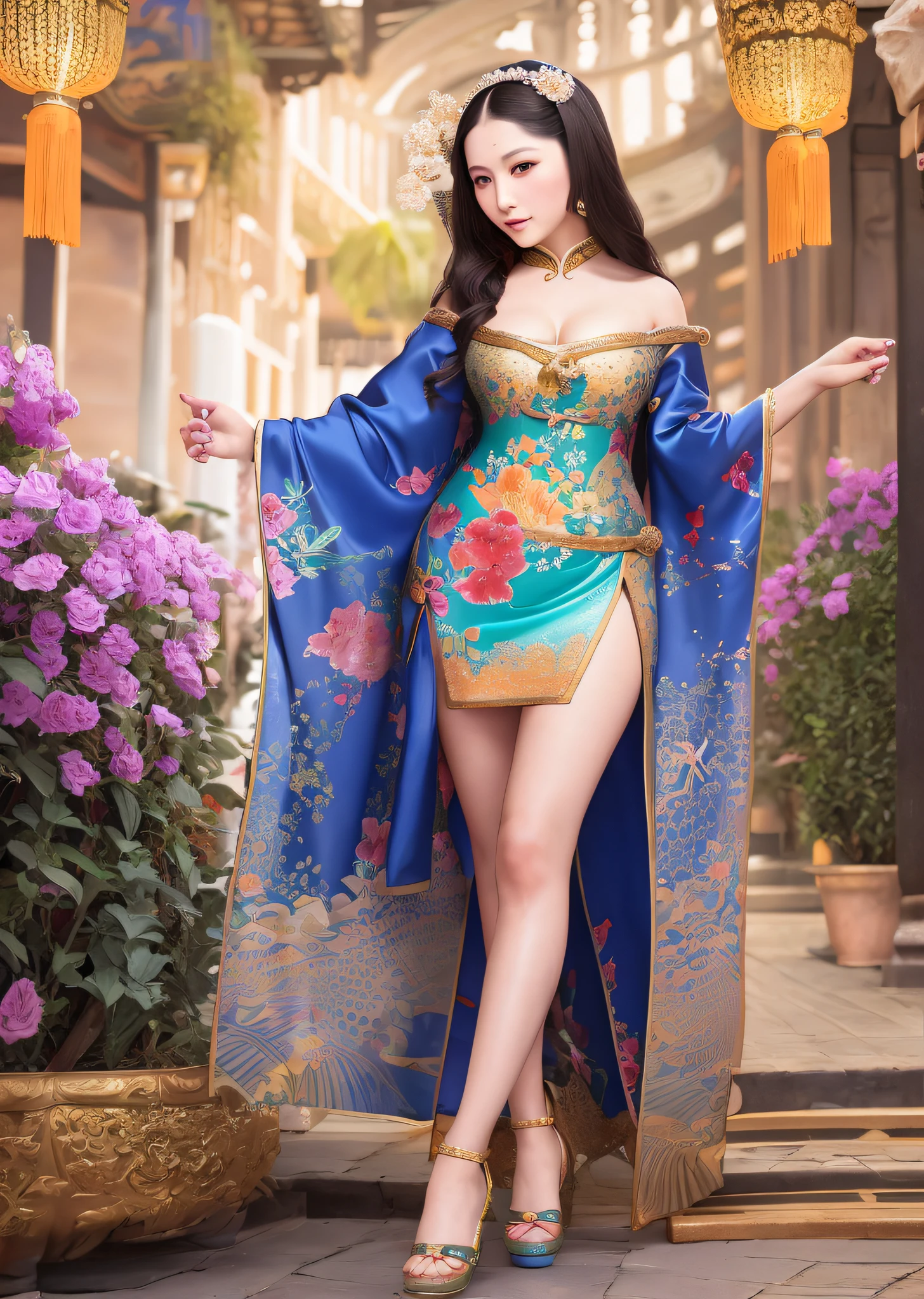 Mona Lisa dressed in Chinese Tang costume, gentle expression, full body portrait, shoes, catwalk, masterpiece, highest quality, high quality, highly detailed CG unit 8k wallpaper, award winning photo, bokeh, depth of field, HDR, flood, chromatic aberration, realistic, very detailed, art station trend, CGsociety trend, complex, high detail, dramatic, midway art, volumetric lighting