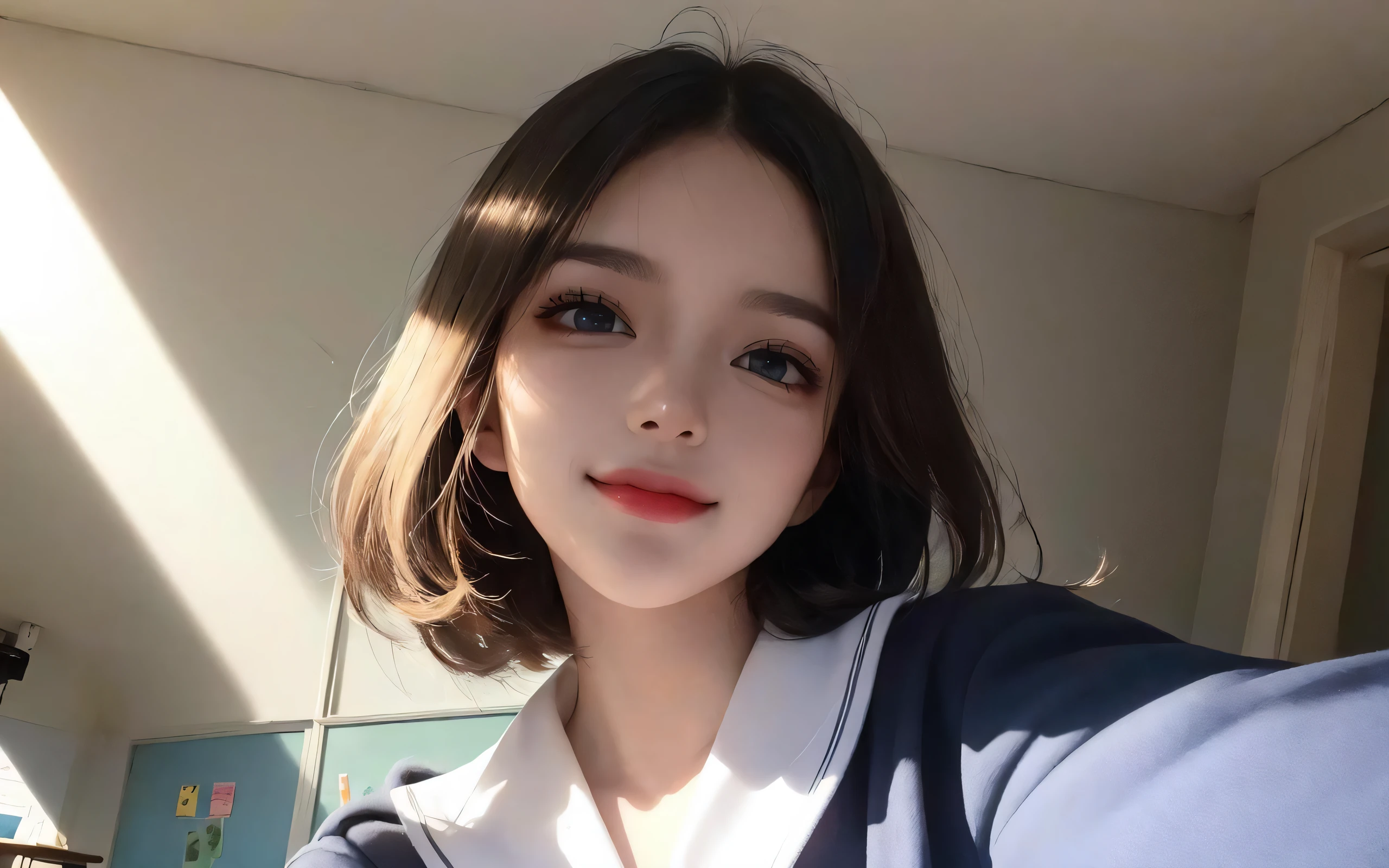 (unparalleled masterpiece, ultra realistic 8k, perfect artwork, perfect female figure,dramatic shadow,ray tracing),
( spotlight,perfect lighting,detailed light,dramatic shadow,ray tracing),
(clean,shiny skin,detailed face, super idol face,an extremely delicate and beautiful:1.2),from below
extreamly delicate and beautiful,illustration,classroom,1girl, black hair,bangs,black pantyhose,(school uniform), serafuku, (pleated skirt),blue eyes, seductive smile, smile, short blonde hair,
looking at viewer,