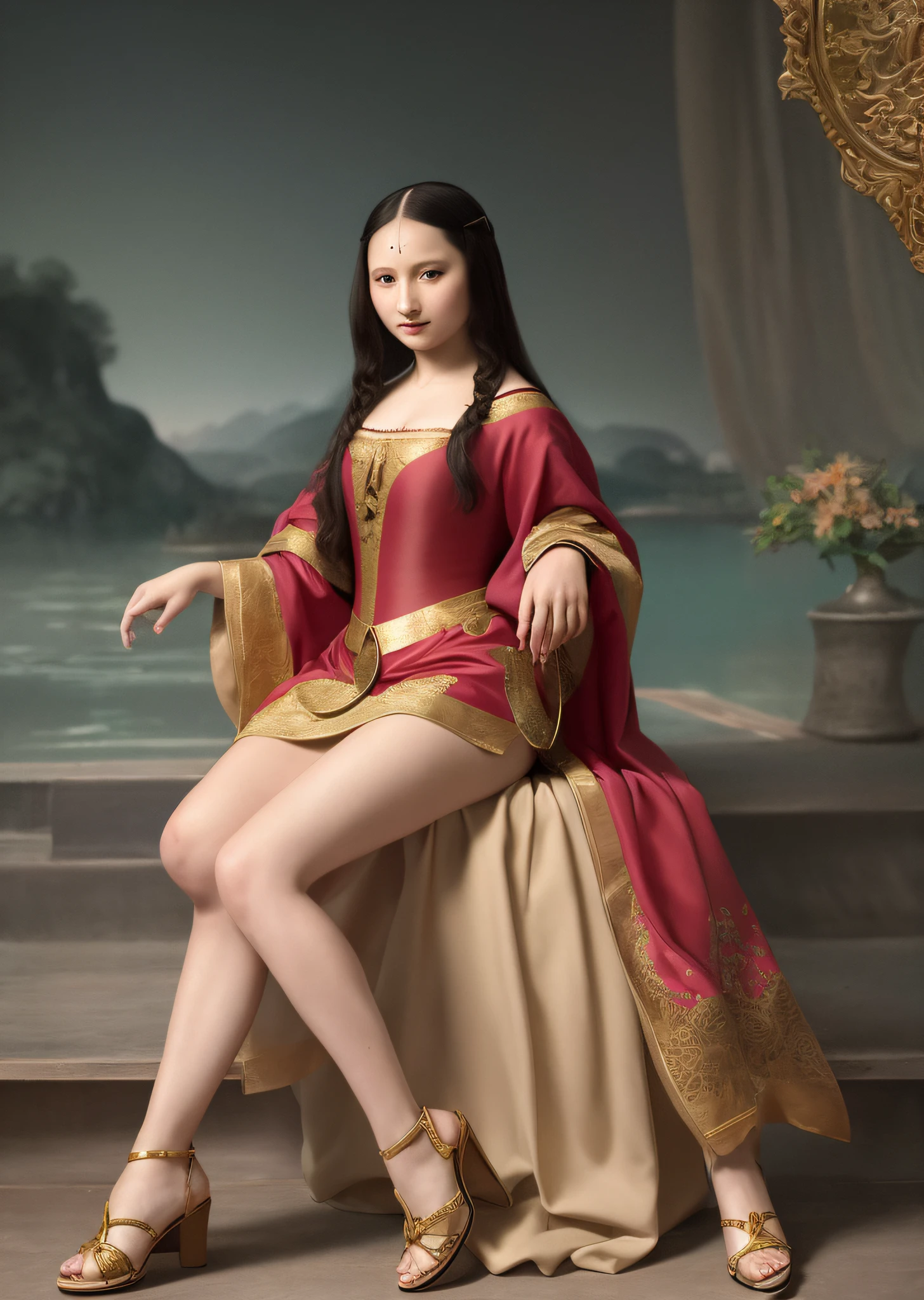 Mona Lisa dressed in Chinese Tang costume, gentle expression, full body portrait, shoes, catwalk, masterpiece, highest quality, high quality, highly detailed CG unit 8k wallpaper, award winning photo, bokeh, depth of field, HDR, flood, chromatic aberration, realistic, very detailed, art station trend, CGsociety trend, complex, high detail, dramatic, midway art, volumetric lighting