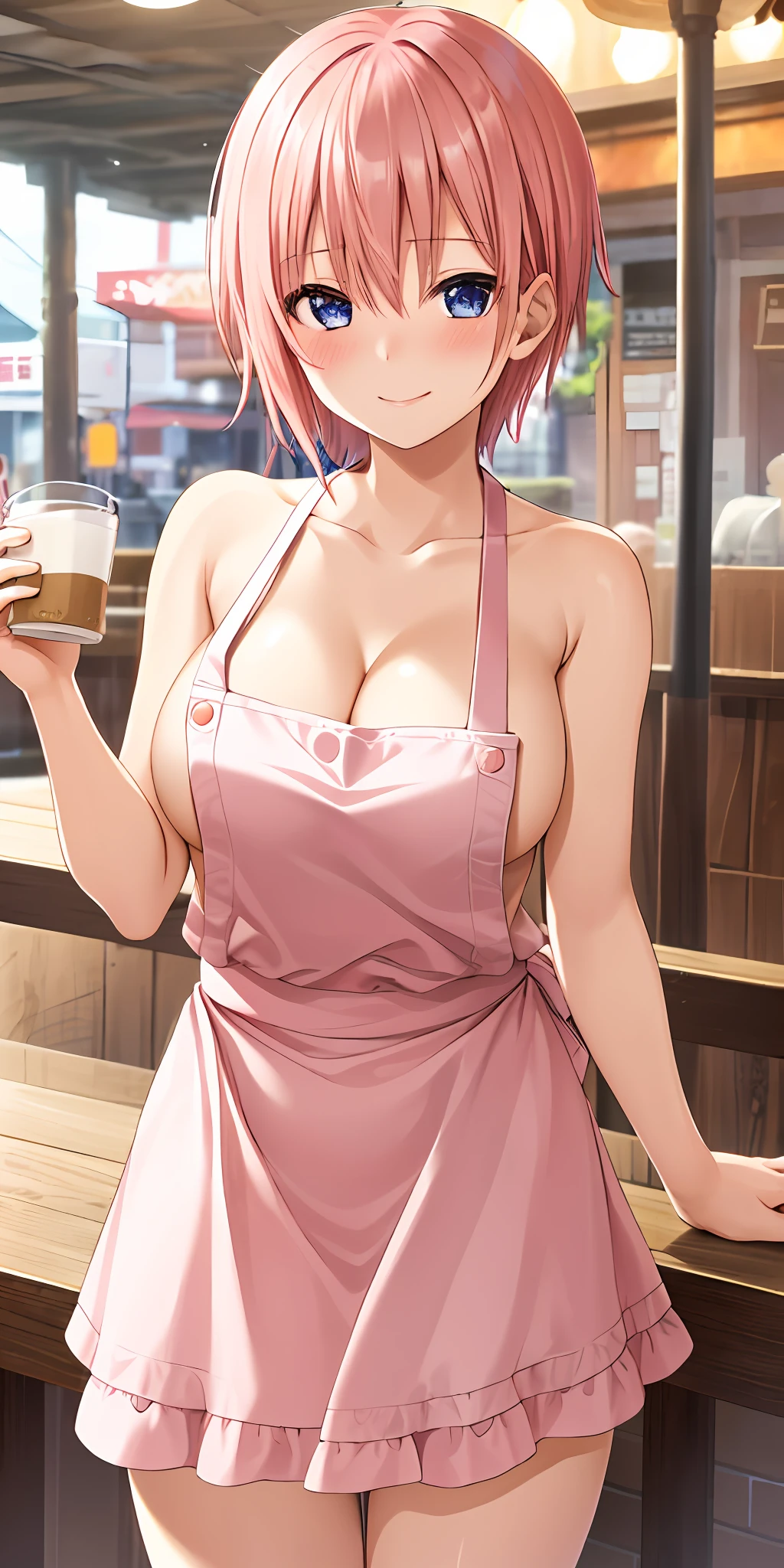 1girl, solo, nakano ichika, pink short hair, (naked:1.3), (white apron), large breasts, cleavage, thighs, cafe background, (blushing:1.2), smiling