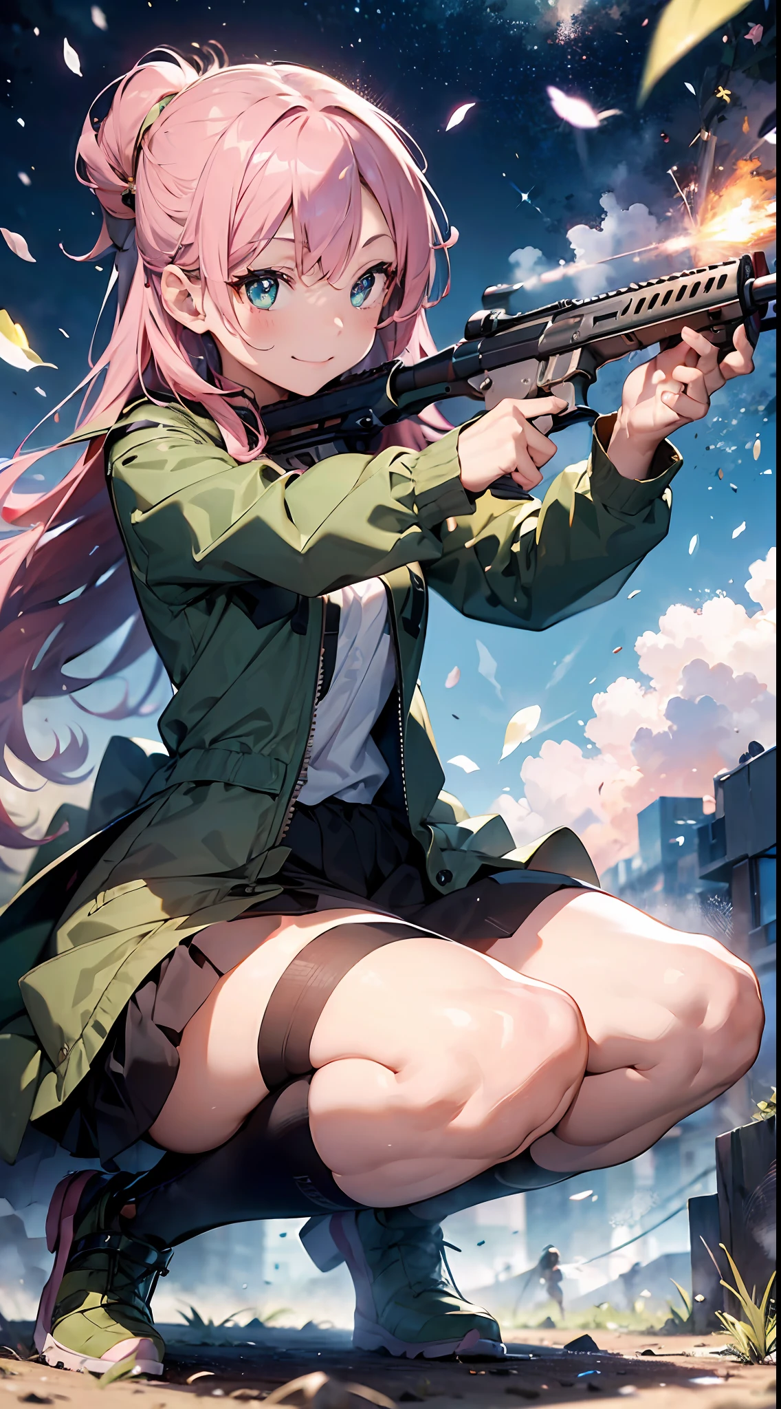 (((Masterpiece))), Morganite Gemstones. (super detail, top quality, high resolution, 8k wallpapers, beautiful clothes), whole body, seen from the side (one girl) (pink hair, long hair, straight hair, both sides up)) (green eyes)), eyeshadow, eyeliner, beautiful eyes, (shining pink pupils)) 18 years old. Wearing camouflage clothing. One knee, aiming at the viewer, holding a rifle. Battlefield. Smoke, sparks. smiling face
