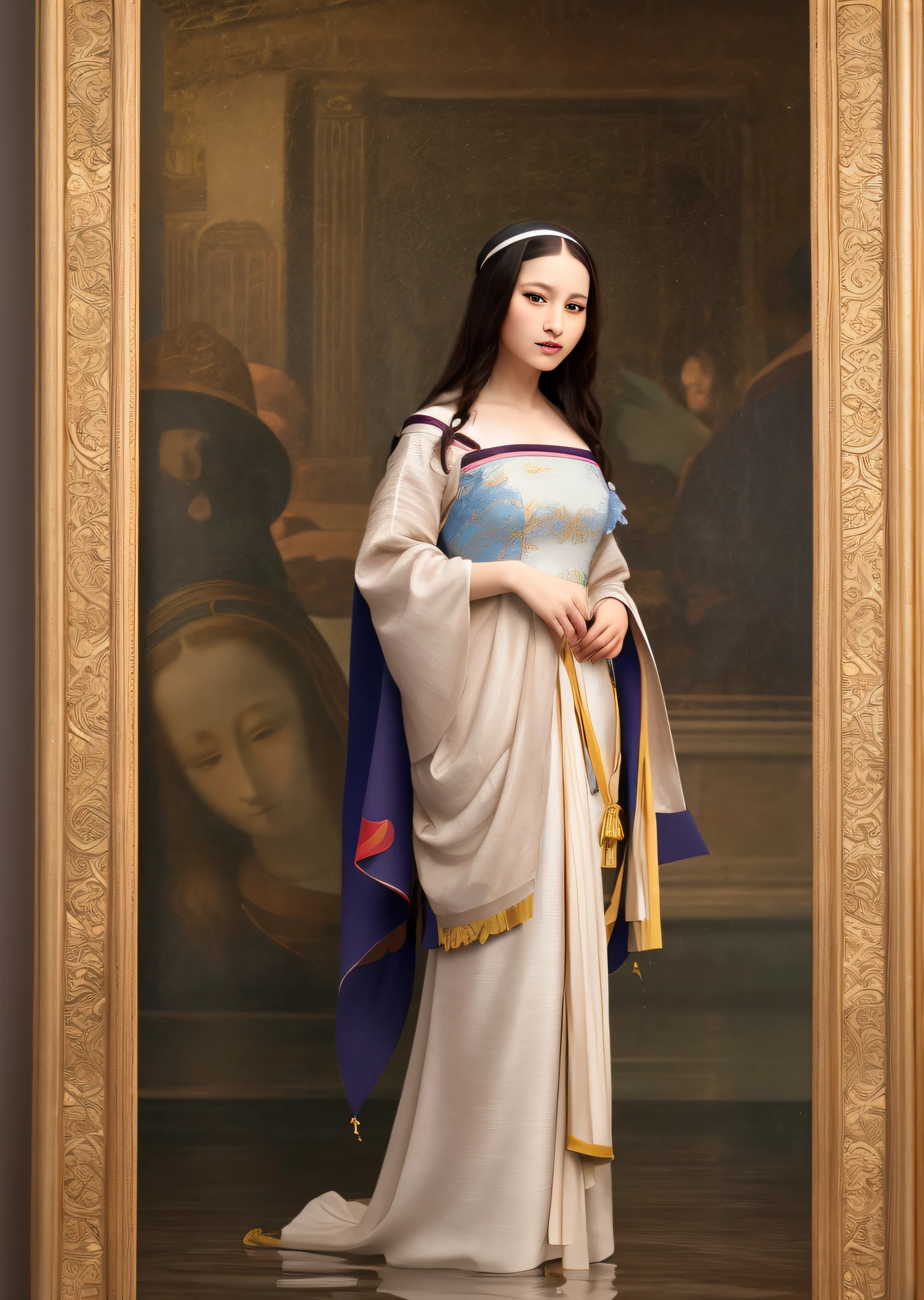 Mona Lisa dressed in Chinese Tang costume, gentle expression, full body portrait, shoes, catwalk, masterpiece, highest quality, high quality, highly detailed CG unit 8k wallpaper, award winning photo, bokeh, depth of field, HDR, flood, chromatic aberration, realistic, very detailed, art station trend, CGsociety trend, complex, high detail, dramatic, midway art, volumetric lighting