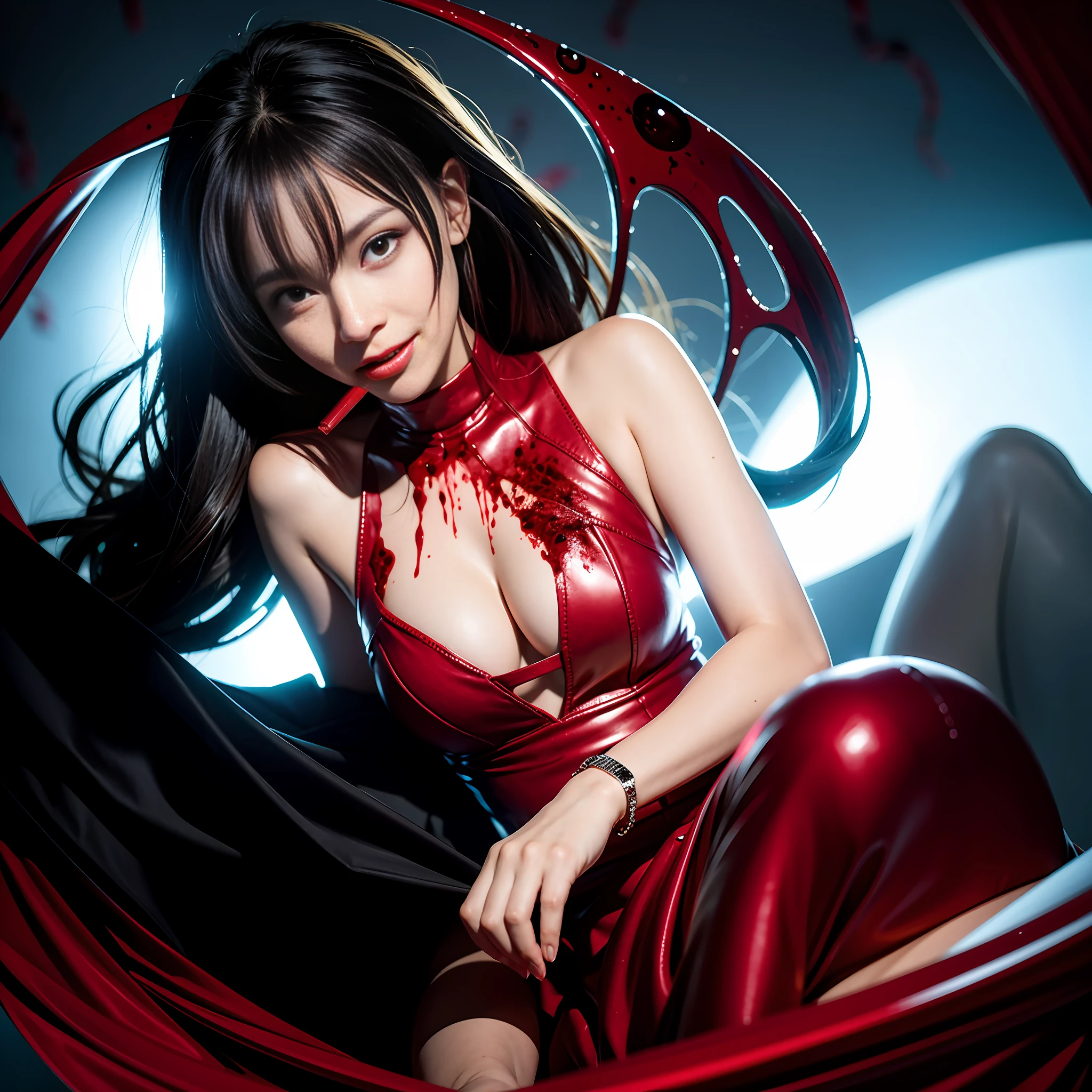 (8k, RAW photo, photorealistic: 1.8, ultra high definition, best quality, absurdity, high resolution, depth of field: 1.8, masterpiece), BREAK (bloody:1.3), (blood-licking:1.5), hellish background, scene of female demons smiling defiantly. She has a beautiful and attractive appearance, but her eyes are cold and cruel. She uses her beauty as a weapon to seduce humans. She wants to steal their hearts and keep them under her control. She is sure of her success because her plan is perfect. She looks down on humans and smiles defiantly. BREAK Swirl: This effect simulates the appearance of a swirl with circular distortion and rotation. It can create a dizzying or surreal mood in the scene.
