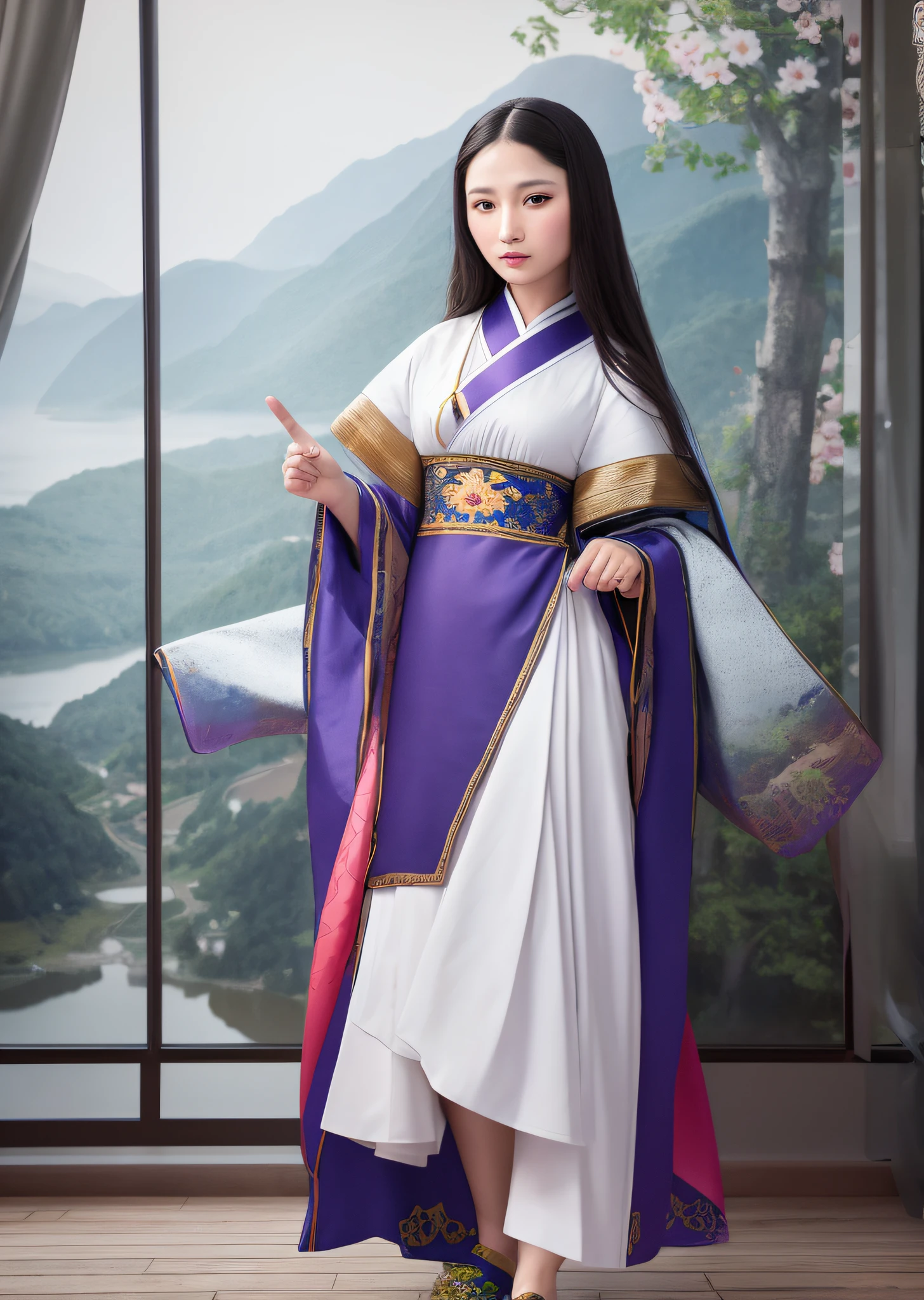 Mona Lisa dressed in Chinese folk costume, gentle expression, full body portrait, shoes, catwalk, masterpiece, highest quality, high quality, highly detailed CG unit 8k wallpaper, award winning photo, bokeh, depth of field, HDR, flood, chromatic aberration, realistic, very detailed, art station trend, CGsociety trend, complex, high detail, dramatic, midway art, volumetric lighting