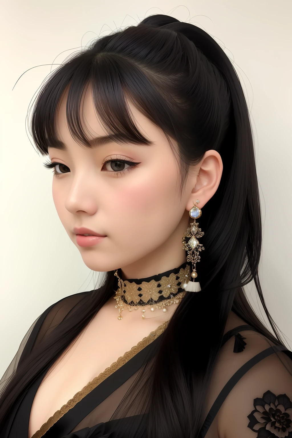 masterpiece,best quality,(8k, RAW photo:1.2),(( ultra realistic)),(full body portrait),upper body,aristocratic style,Royal style,(1girl),(solo),, gorgeous_light_and_shadow, stunning environment, (vibrant colors:1.2),soft focus, (sharp focus:1.1),(delicate illustration:1.4),, black hair, intricate hair ornament,stud earrings,ponytail plait, bracelets,(choker:1,3),jewelry,hair decoration,, ung girl, (18yo:1.3), (sharp focus:1.4), (Japanese:1.0),(chinese:0.5),(renaissance face),photo of a woman,, messy hair,long hair, black hair, exquisite hair, exquisite colored hair,, ultra realistic,hick lips, beautiful lips,, exquisite facial features,perfect skin, corneo_makima, prt flower_style Style-NebMagic samurai big breasts girl