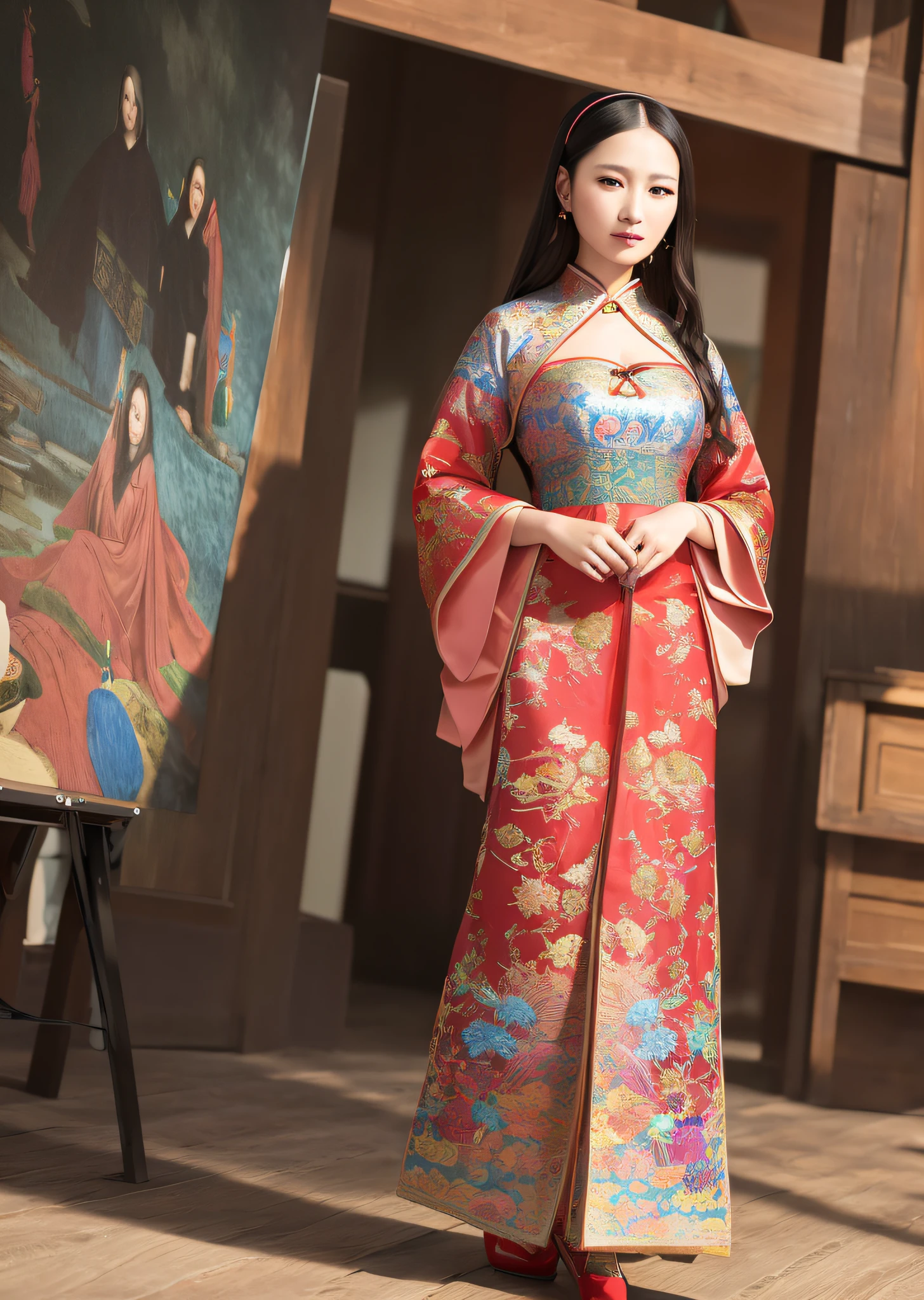 Mona Lisa dressed in Chinese folk costume, gentle expression, full body portrait, shoes, catwalk, masterpiece, highest quality, high quality, highly detailed CG unit 8k wallpaper, award winning photo, bokeh, depth of field, HDR, flood, chromatic aberration, realistic, very detailed, art station trend, CGsociety trend, complex, high detail, dramatic, midway art, volumetric lighting