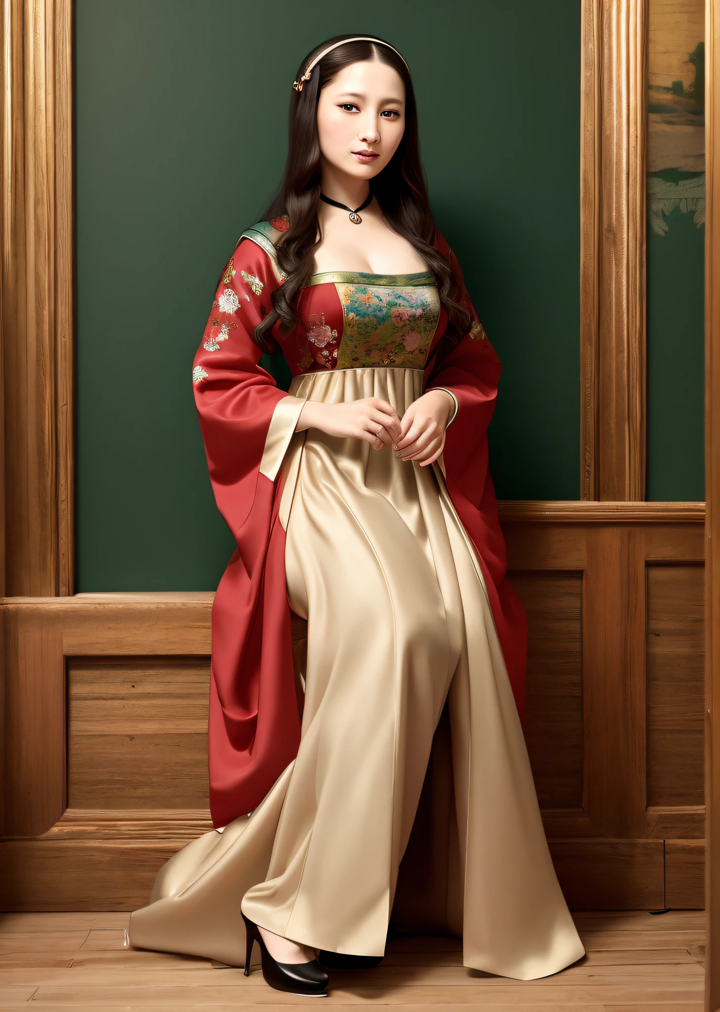 Mona Lisa dressed in Chinese peasant costume, gentle expression, full body portrait, shoes, catwalk, masterpiece, highest quality, high quality, highly detailed CG unit 8k wallpaper, award winning photo, bokeh, depth of field, HDR, flood, chromatic aberration, realistic, very detailed, art station trend, CGsociety trend, complex, high detail, dramatic, midway art, volumetric lighting