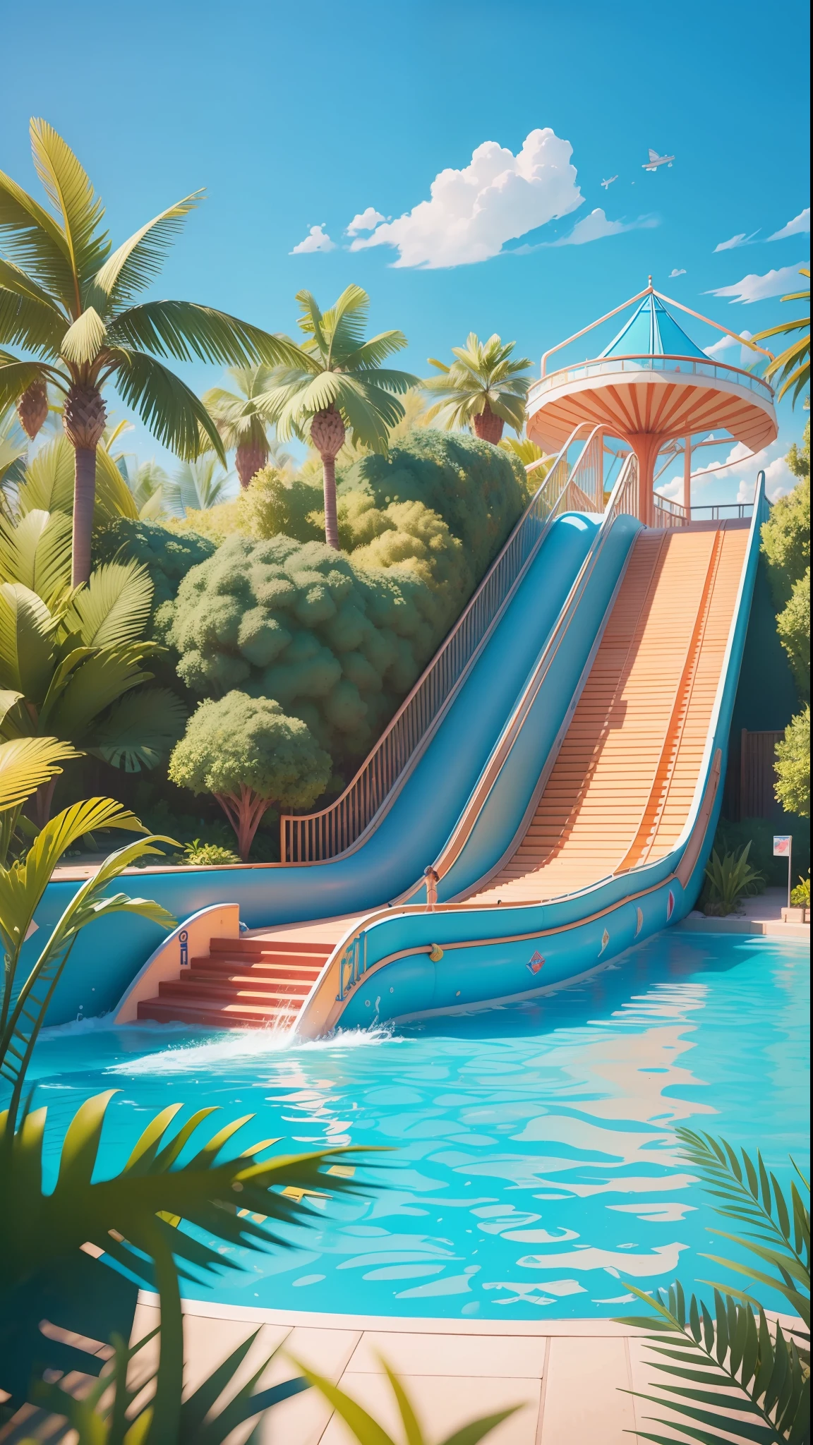 There is a poster with water park, water slide, water park, detailed 3D illustration, highly detailed watercolor 8 K, highly detailed 8K, water world, traditional art, commercial illustration, game illustration, modeling 3D art style, summer swimming party, featured art, official fan art, colorful