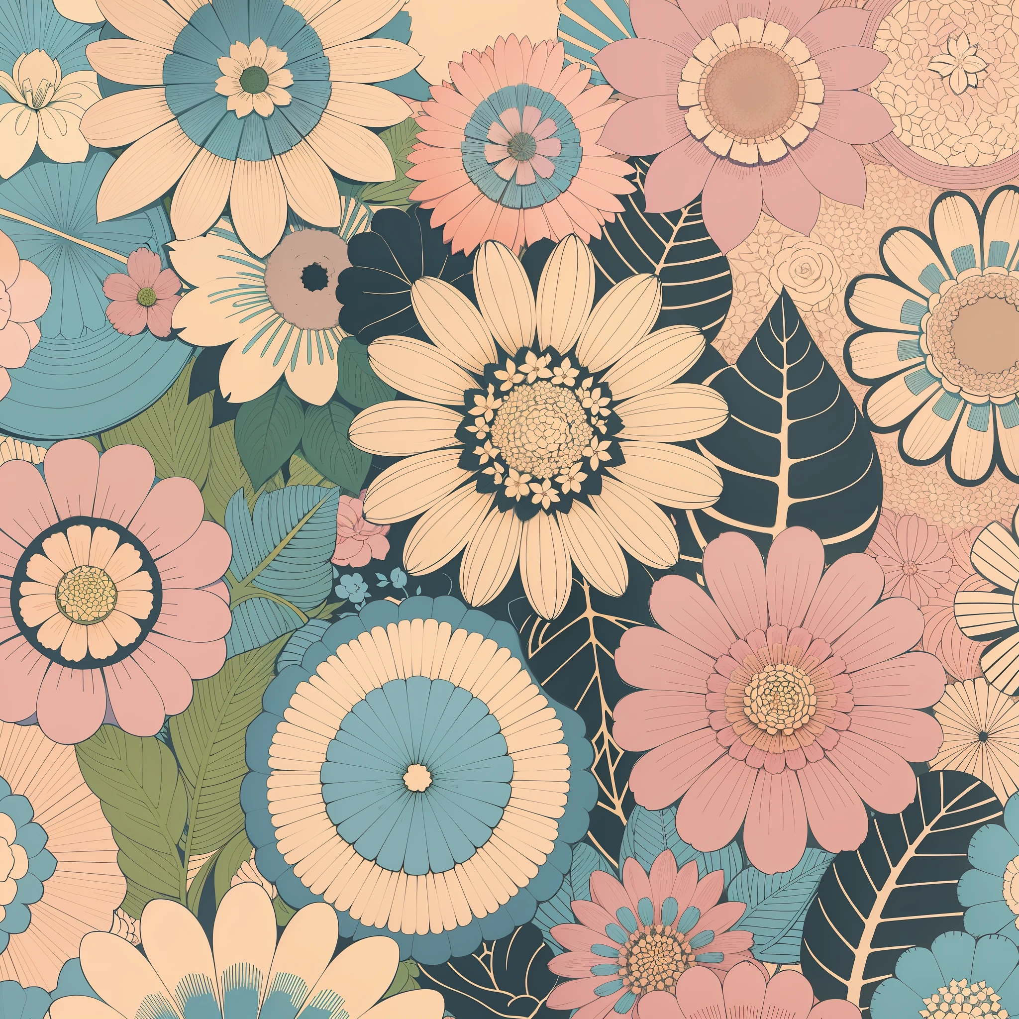 Set pattern of large flowers with plants, defined shape, flat style, vector style, drawing style, naïve style, wallpaper style, in soft pastel colors such as old pink, pastel blue, light blue, beige, pastel yellow. No shadows in the images.