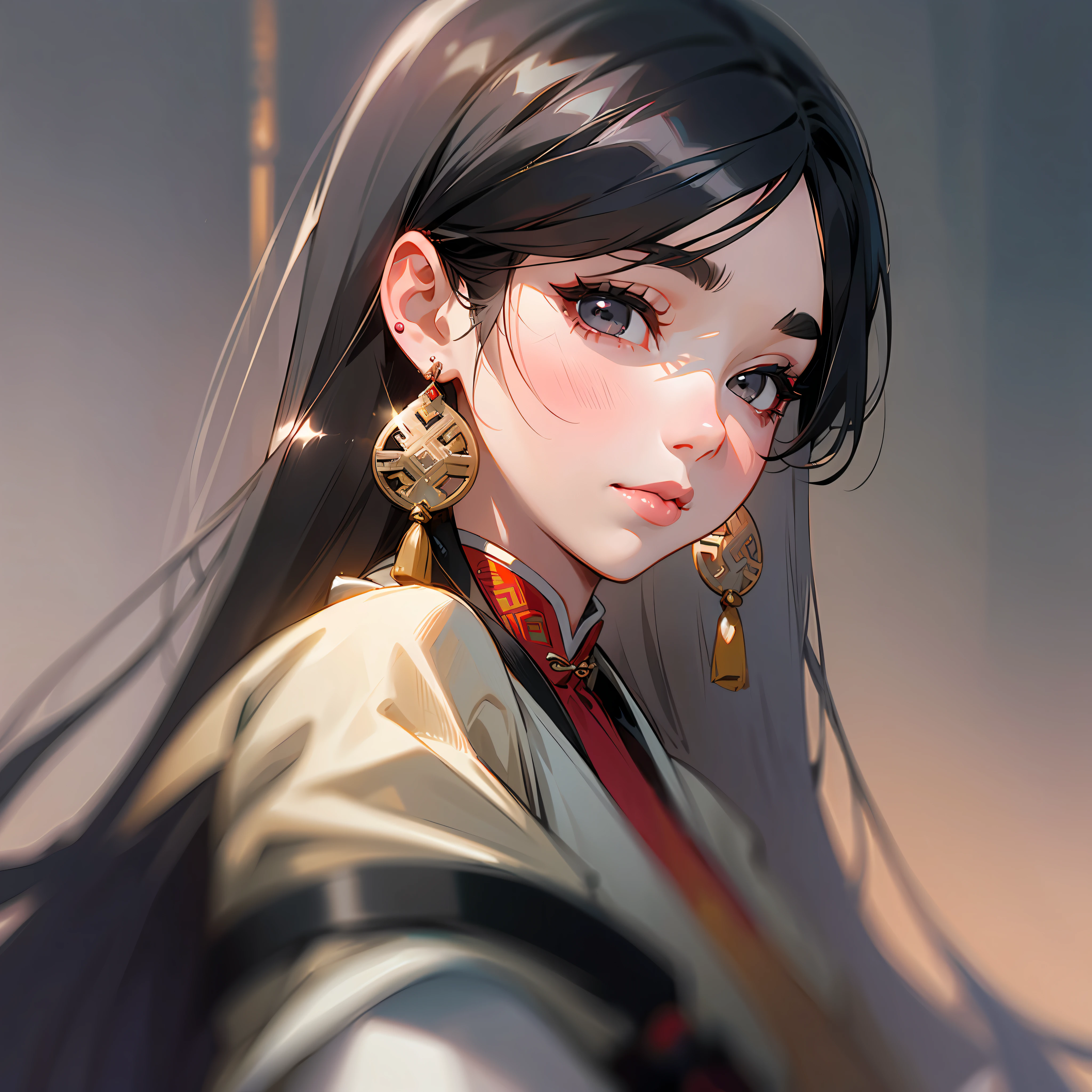 solo, jewelry, earrings, long hair, 1girl, cute, looking at the audience, portrait, gray hair, blurred, black hair, closed mouth, chinese clothes, gray eyes, fringed earrings, realistic, lips, tassels, blurred background --auto --s2